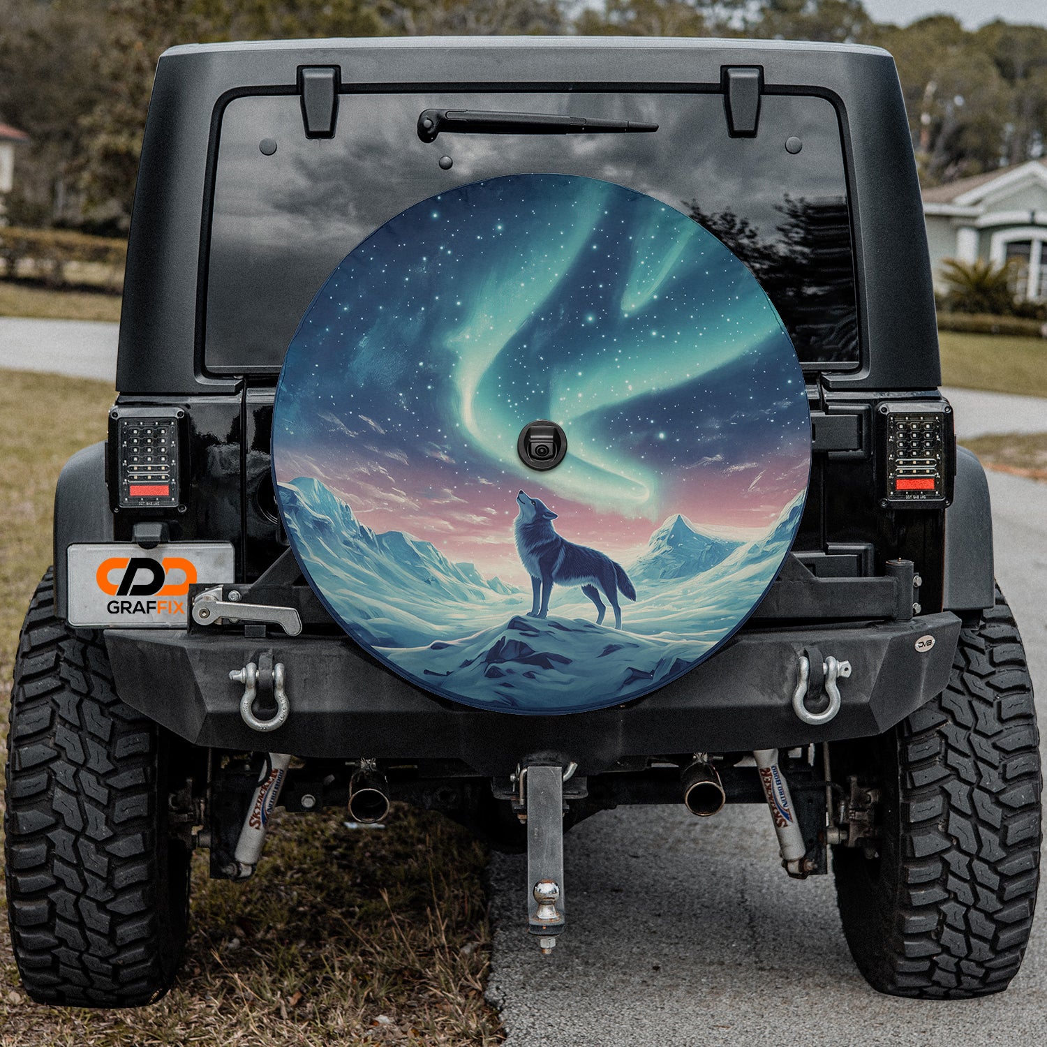 a car with a picture of a wolf on it