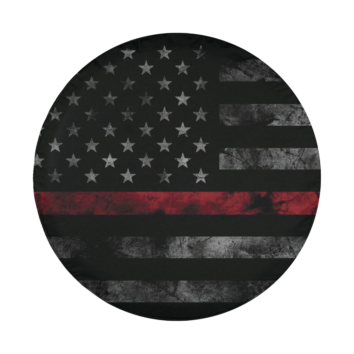 A circular image featuring the American flag with a red stripe running through it.