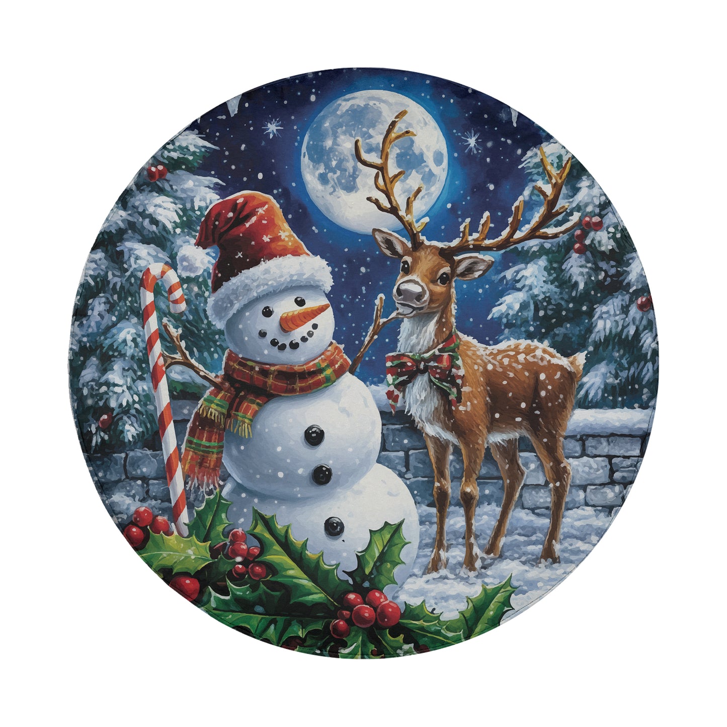 A snowman and a deer standing together in a snowy forest under a full moon, with holly leaves and berries in the foreground.