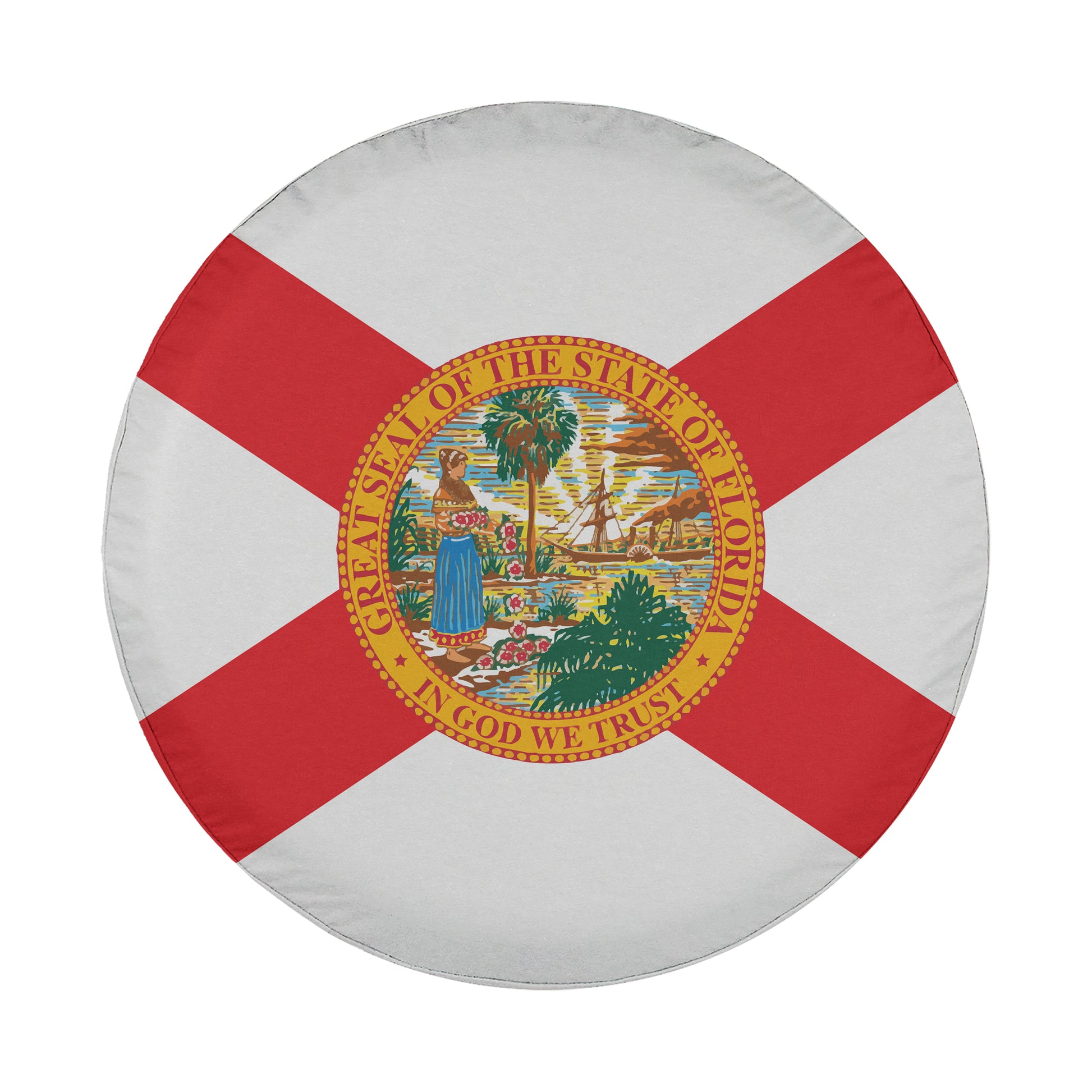 the state seal of Florida, which is a circular emblem with a red and white background and a palm tree in the center.