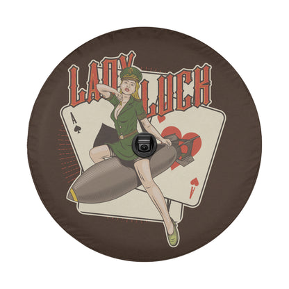A vintage-style illustration of a woman in a military uniform sitting on a bomb, with the text "LADY LUCK" prominently displayed.