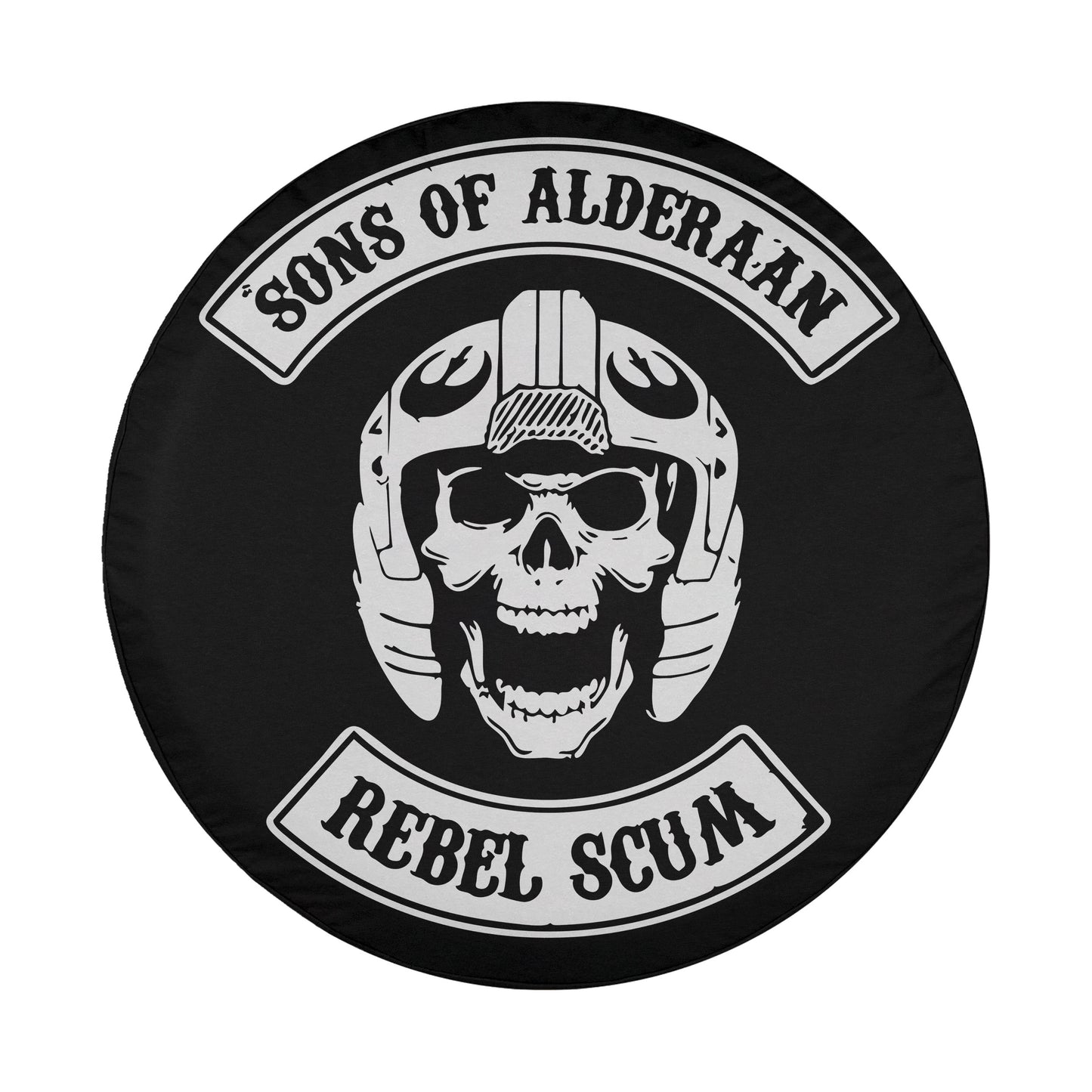 A black and white image featuring a skull wearing a helmet with the text "Sons of Alderaan Rebel Scum" around it.