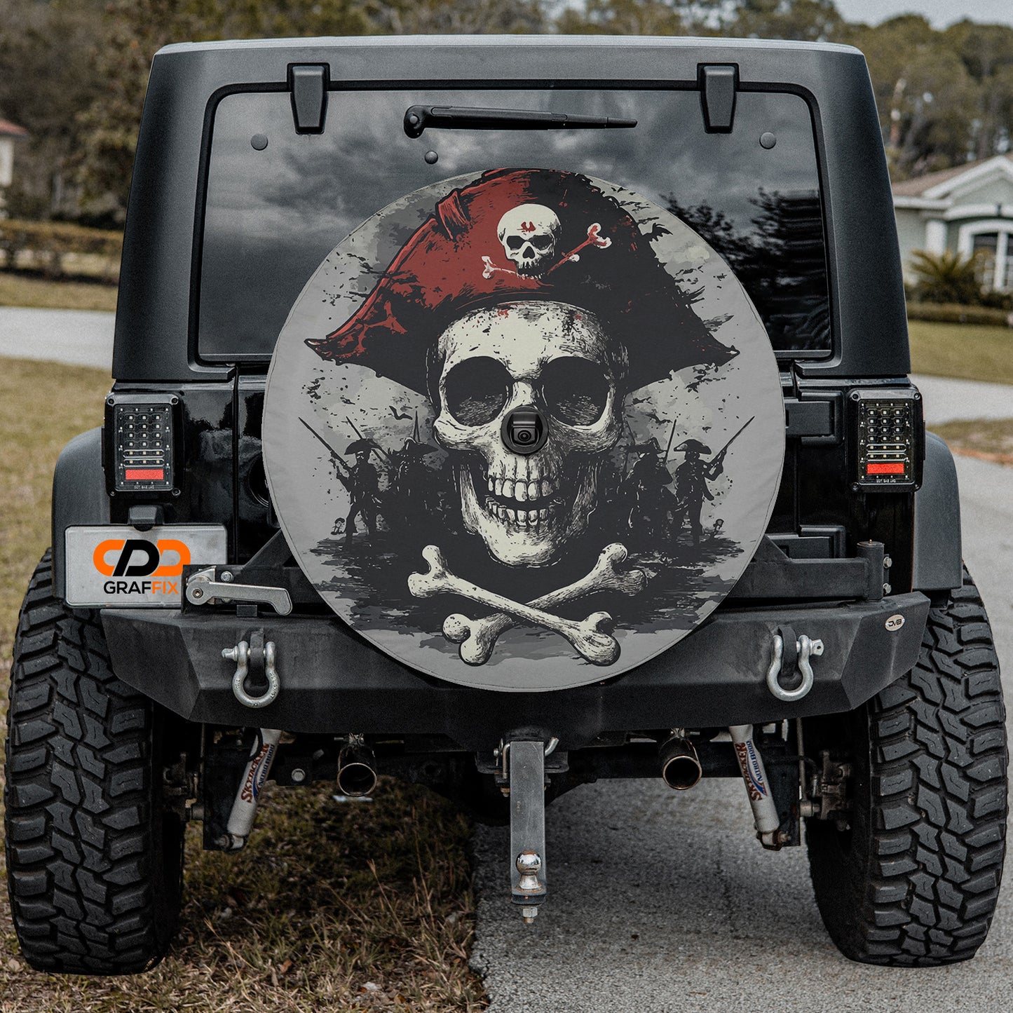 a skull and crossbones on the back of a jeep