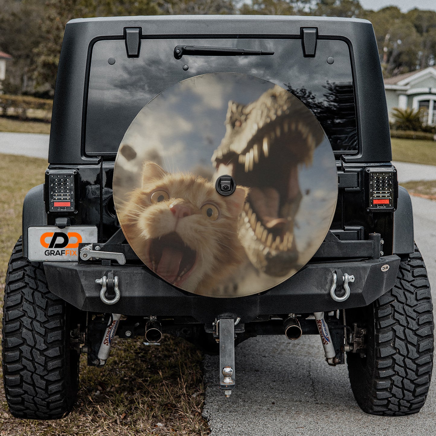 a large dinosaur with its mouth open, and a cat with its mouth wide open, creating a comical and unexpected scene.