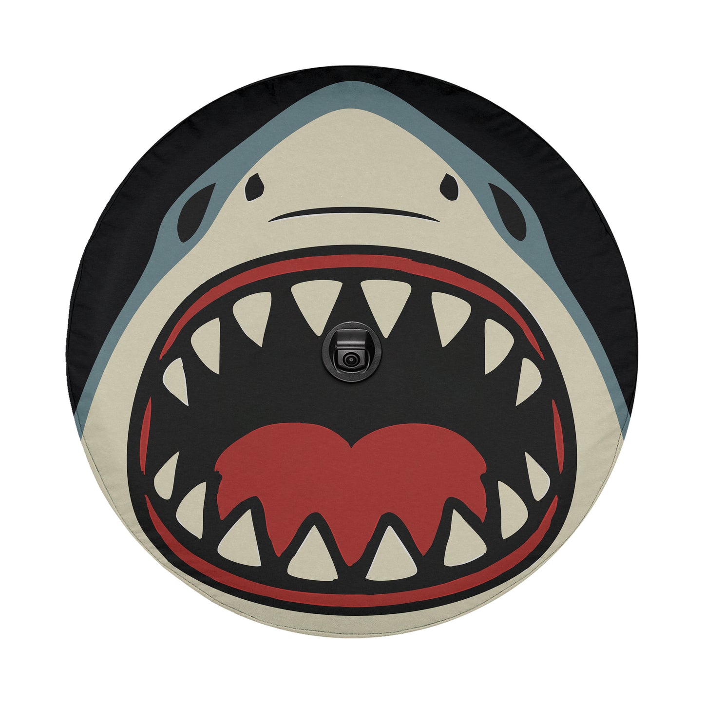 A shark with its mouth wide open, revealing sharp teeth, and a black camera in the center of the mouth.