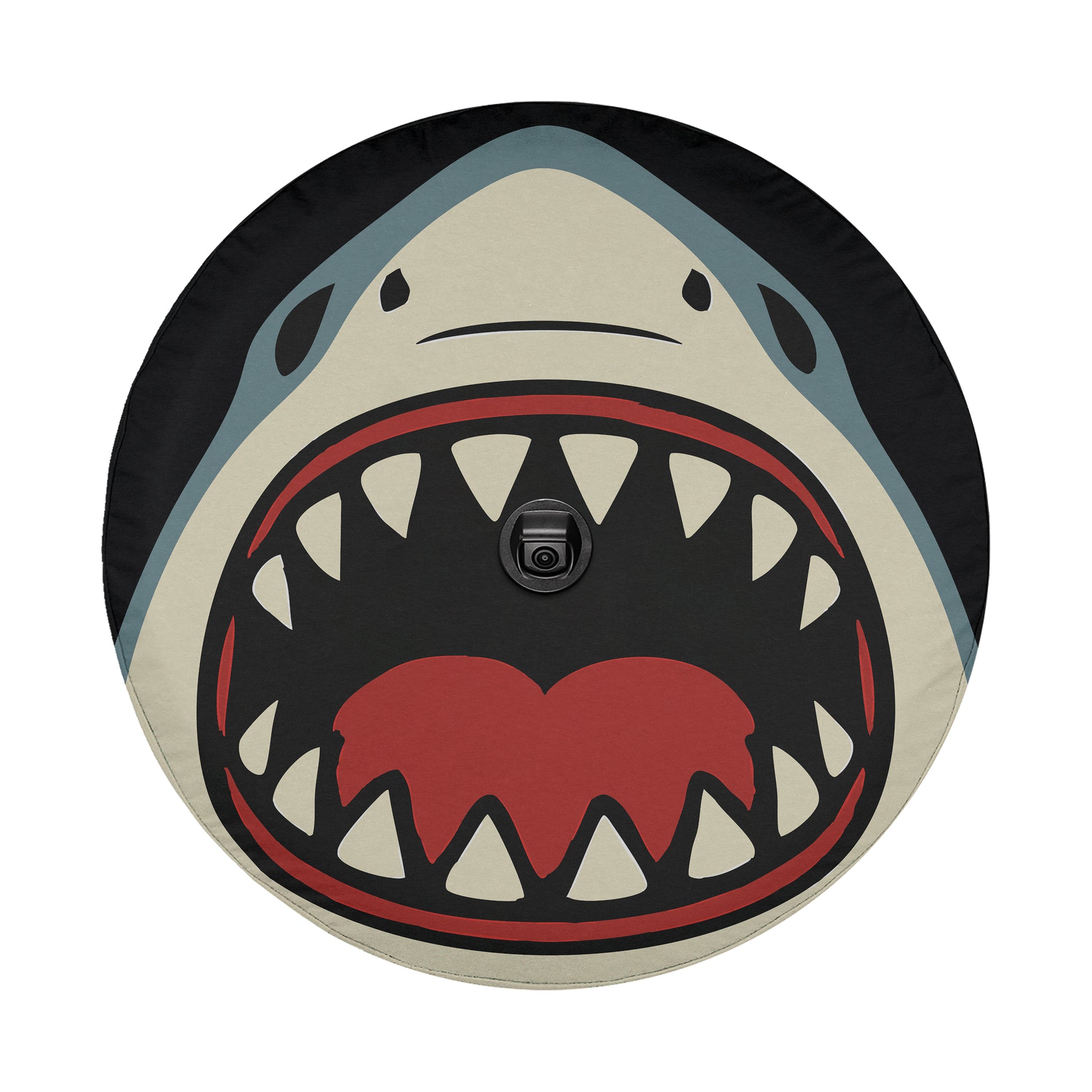 A shark with its mouth wide open, revealing sharp teeth, and a black camera in the center of the mouth.