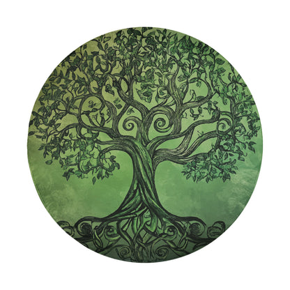 A detailed illustration of a tree with intricate, swirling patterns and leaves, set against a green background.