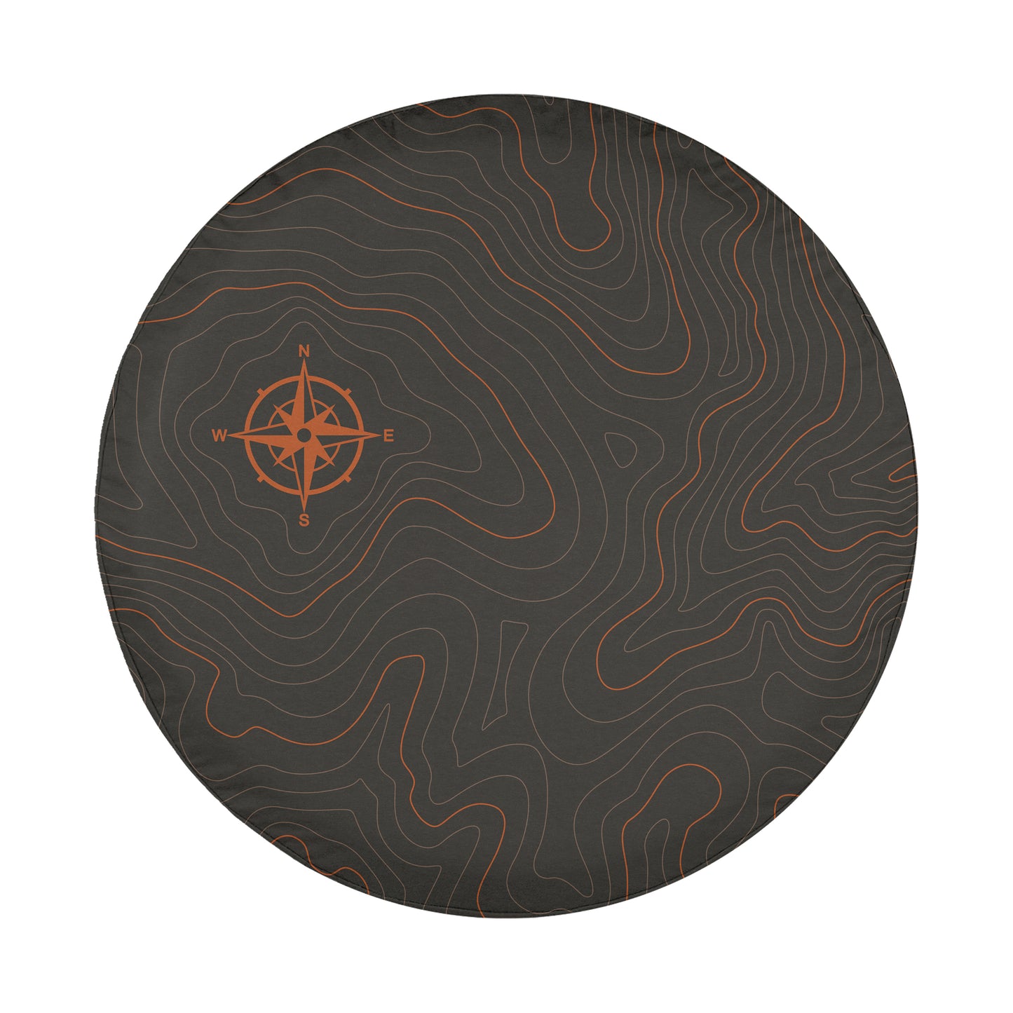 a circular design with a compass rose and a wavy pattern in shades of black and orange.