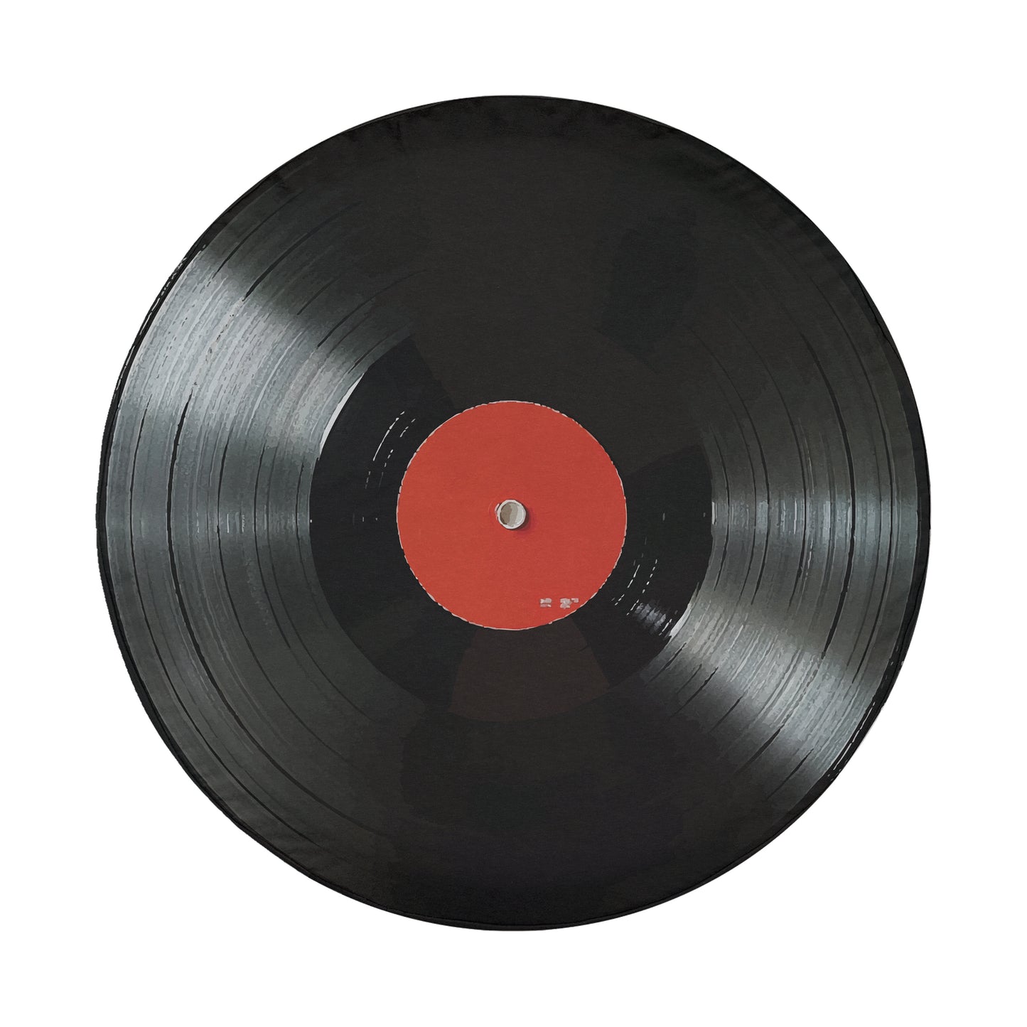 A black vinyl record with a red center is shown against a white background.