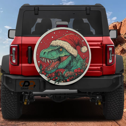 A red Jeep Wrangler with a large circular decal of a dinosaur wearing a Santa hat on the rear window.