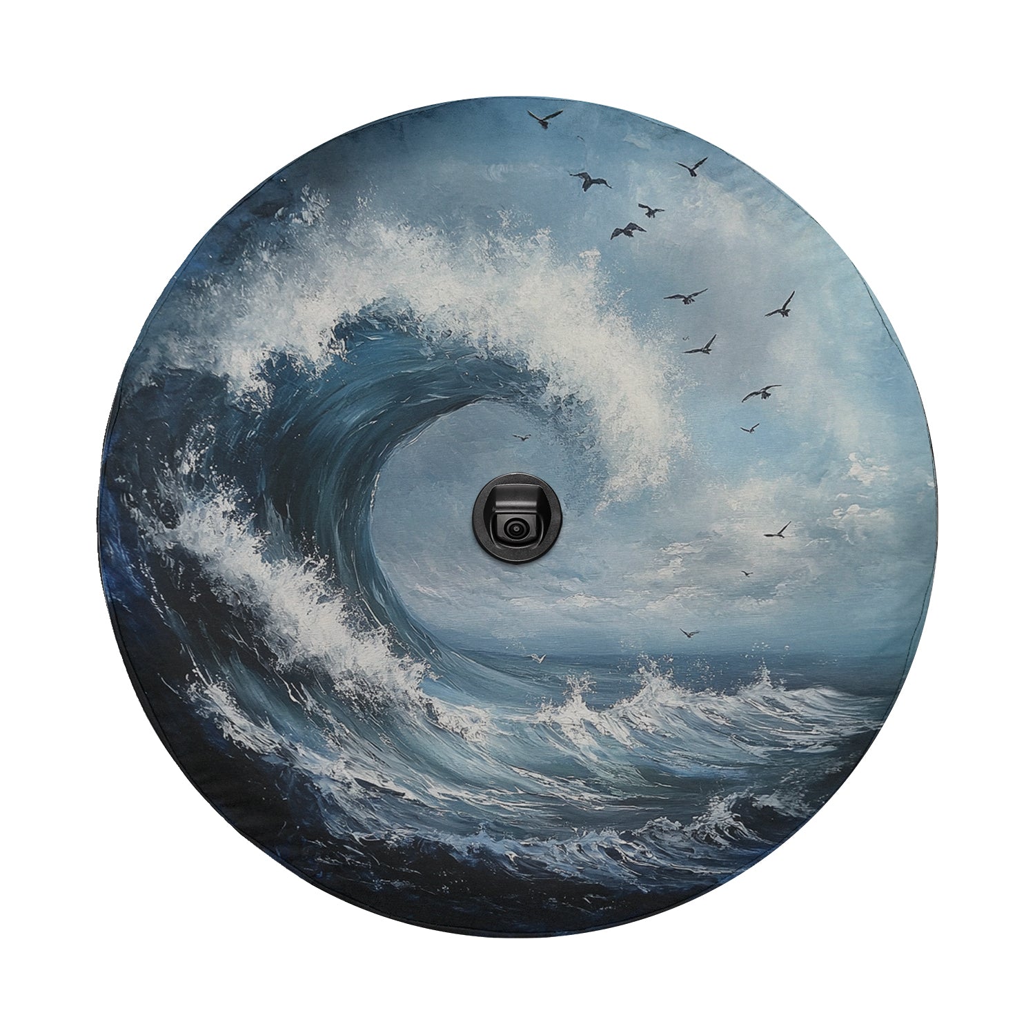 a painting of a large wave with birds flying over it