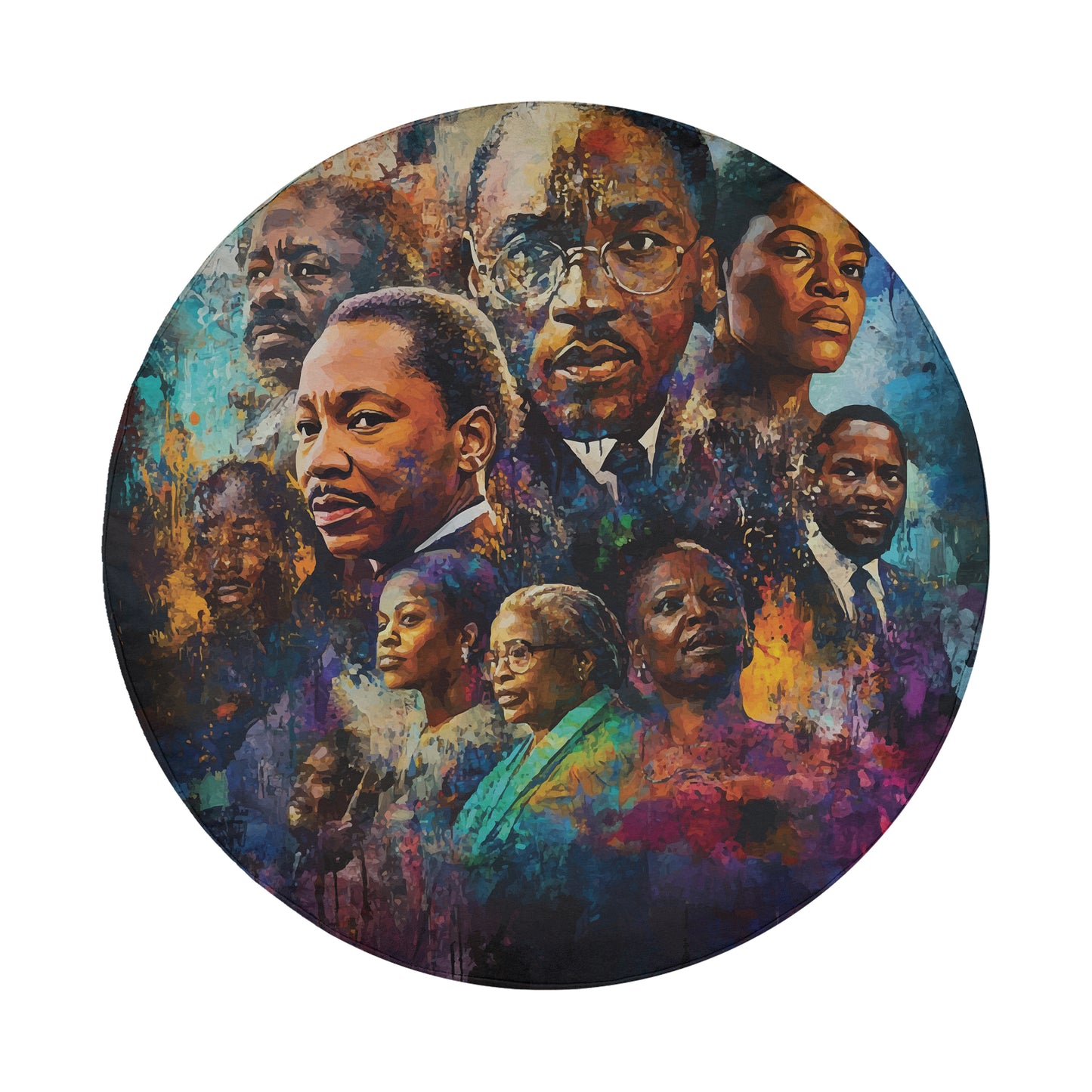 The image is a vibrant collage featuring portraits of several prominent figures, including Martin Luther King Jr., Rosa Parks, Malcolm X, and others.