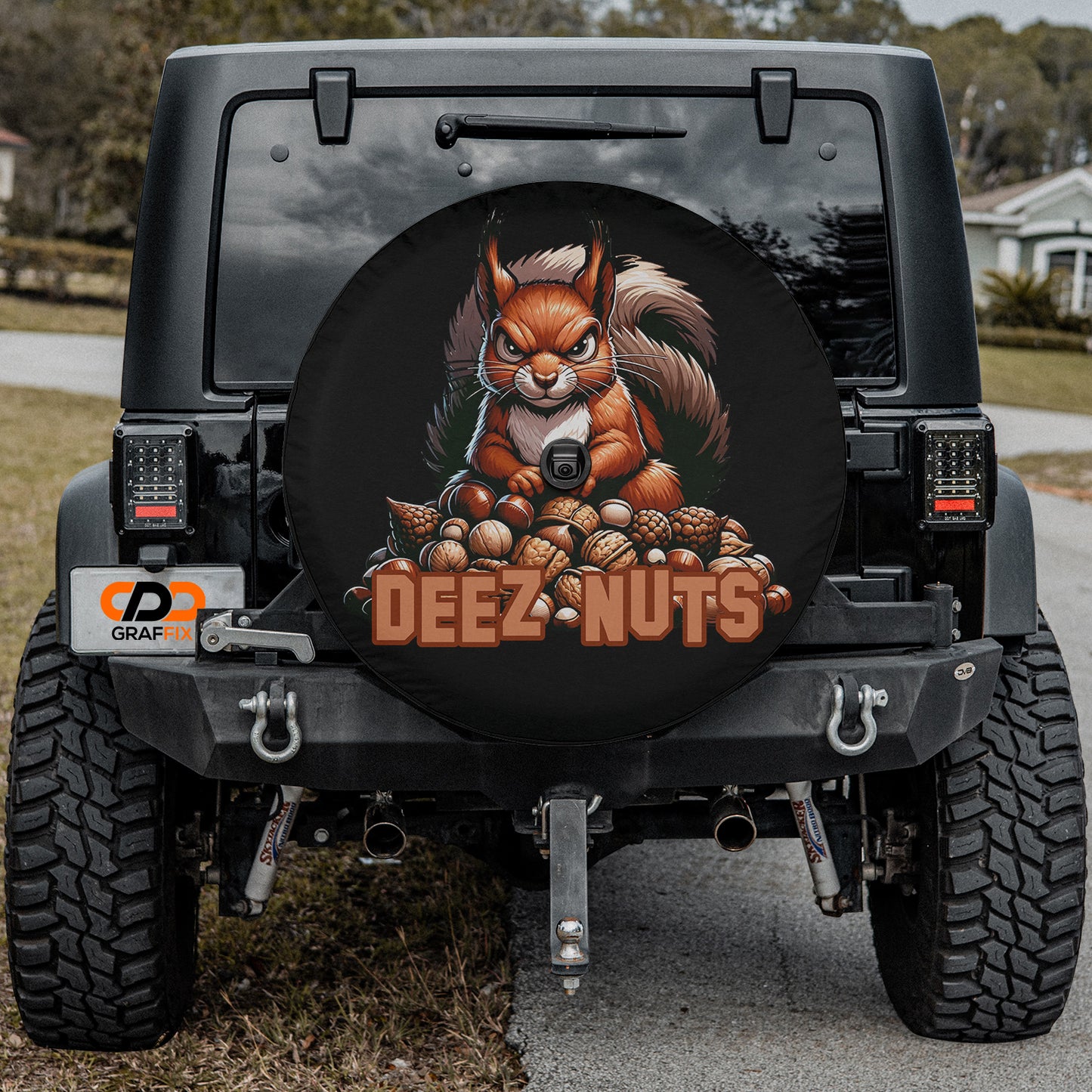 a black jeep with a picture of a squirrel on it