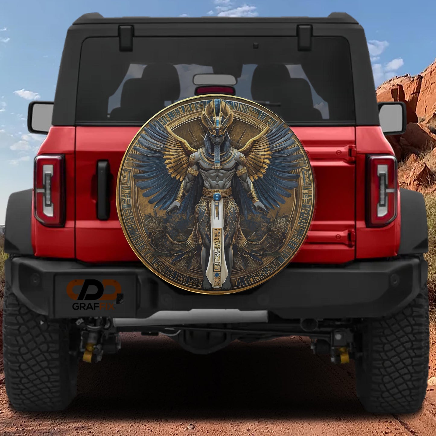 a red Jeep Wrangler with a large, ornate, and intricate circular decal on the rear window.