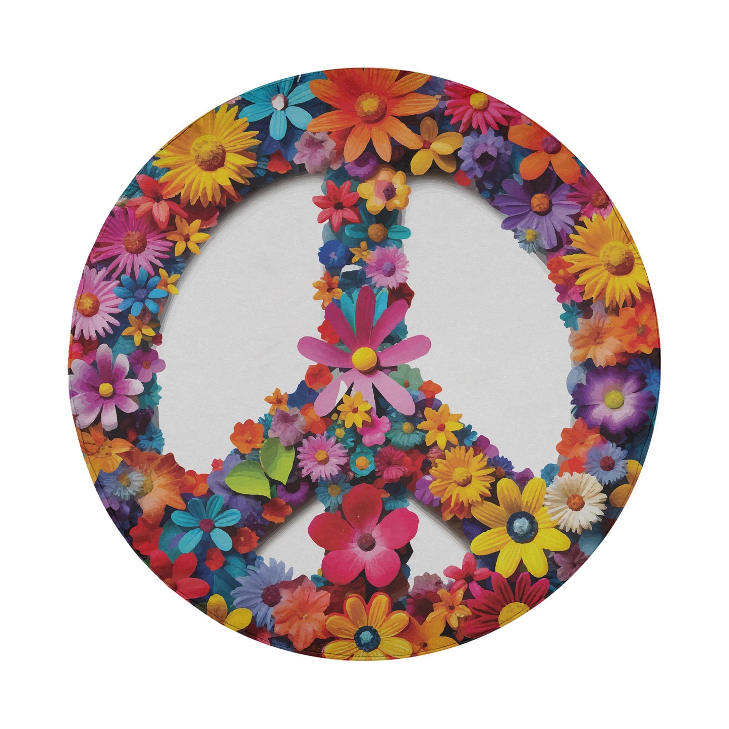 A vibrant and colorful arrangement of various flowers surrounding a peace sign symbol.