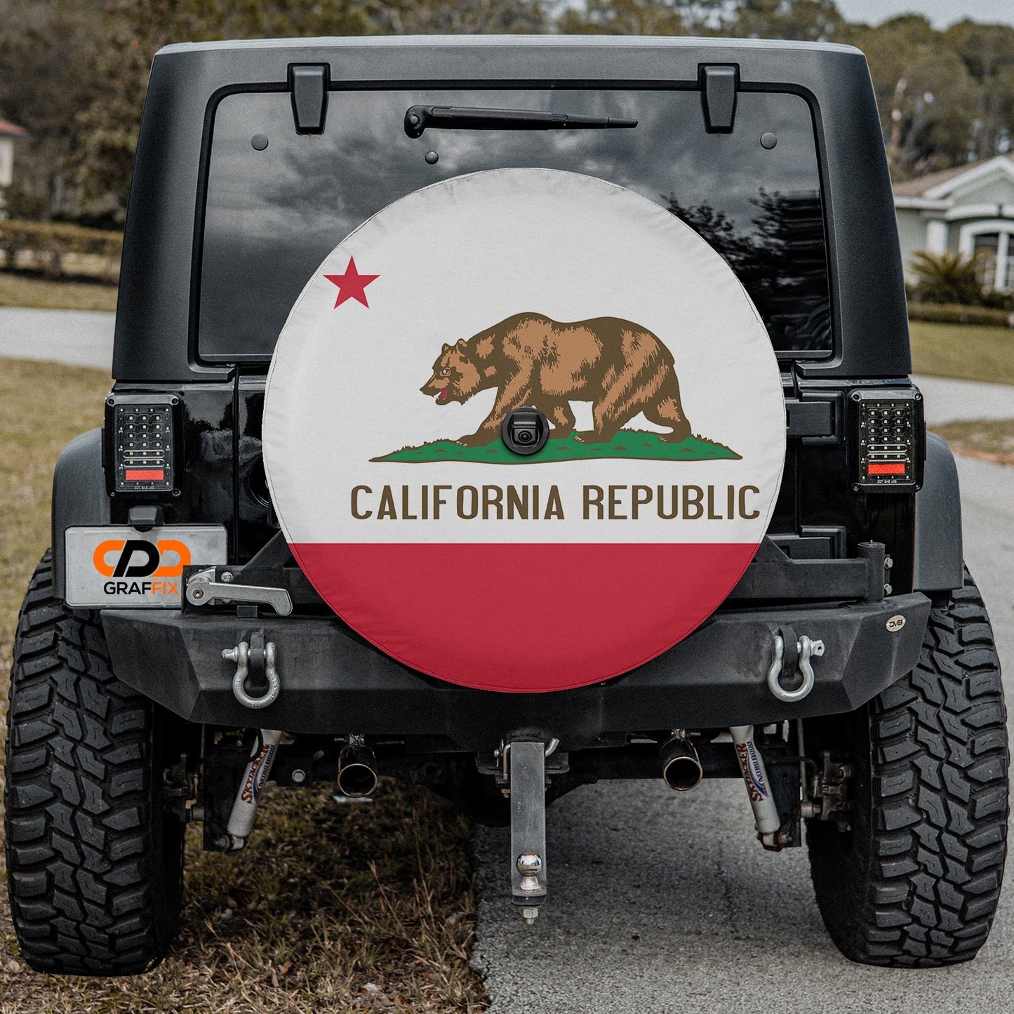 a black jeep with a california flag painted on it