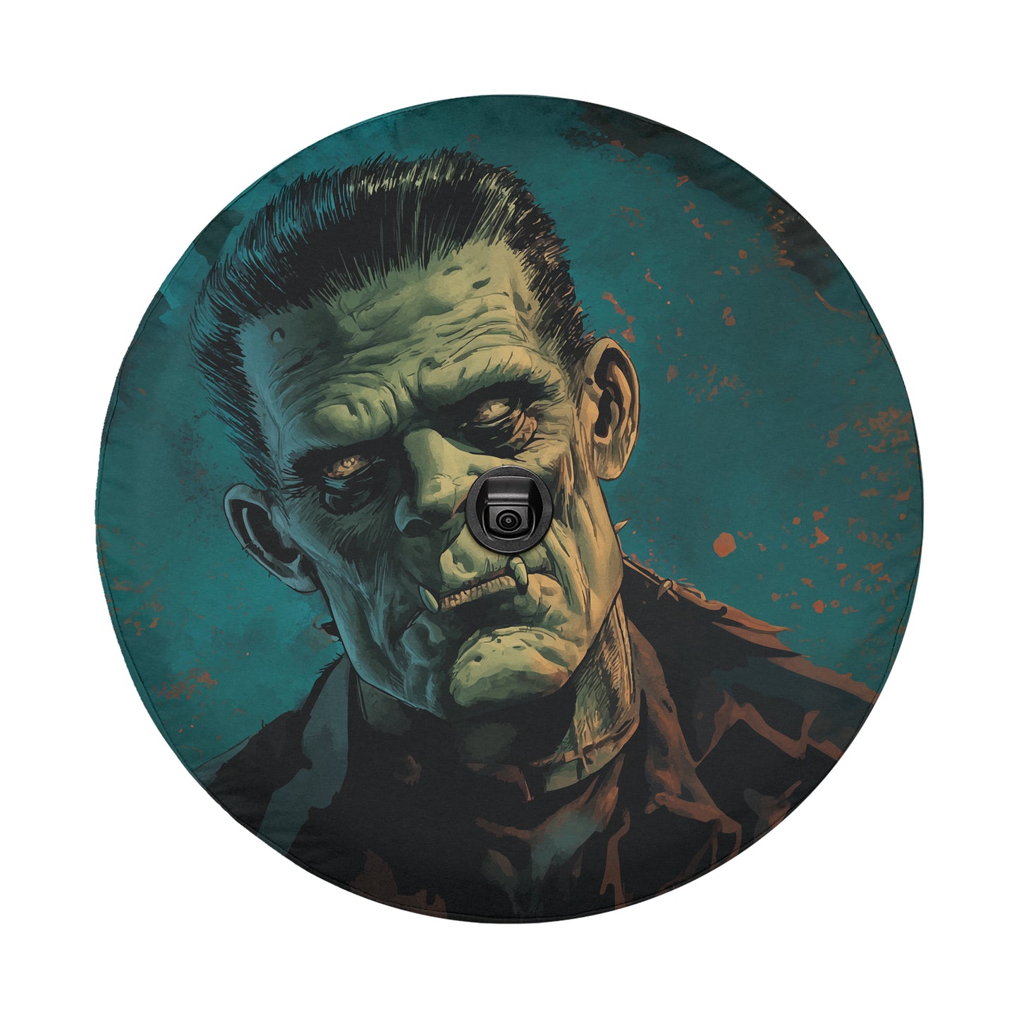 A close-up illustration of a menacing-looking green monster with a camera in its mouth, set against a dark blue background with splatters.