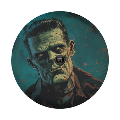 A close-up illustration of a menacing-looking green monster with a camera in its mouth, set against a dark blue background with splatters.