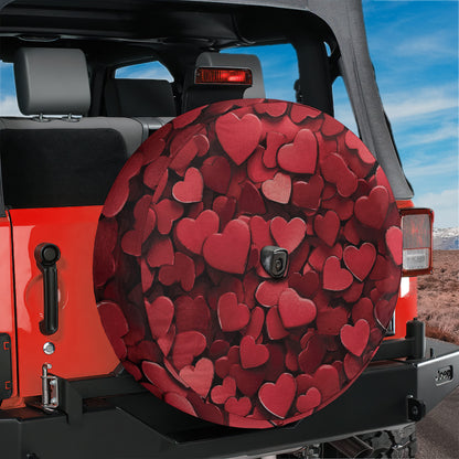 A red Jeep with a heart-shaped spare tire cover attached to the rear of the vehicle.