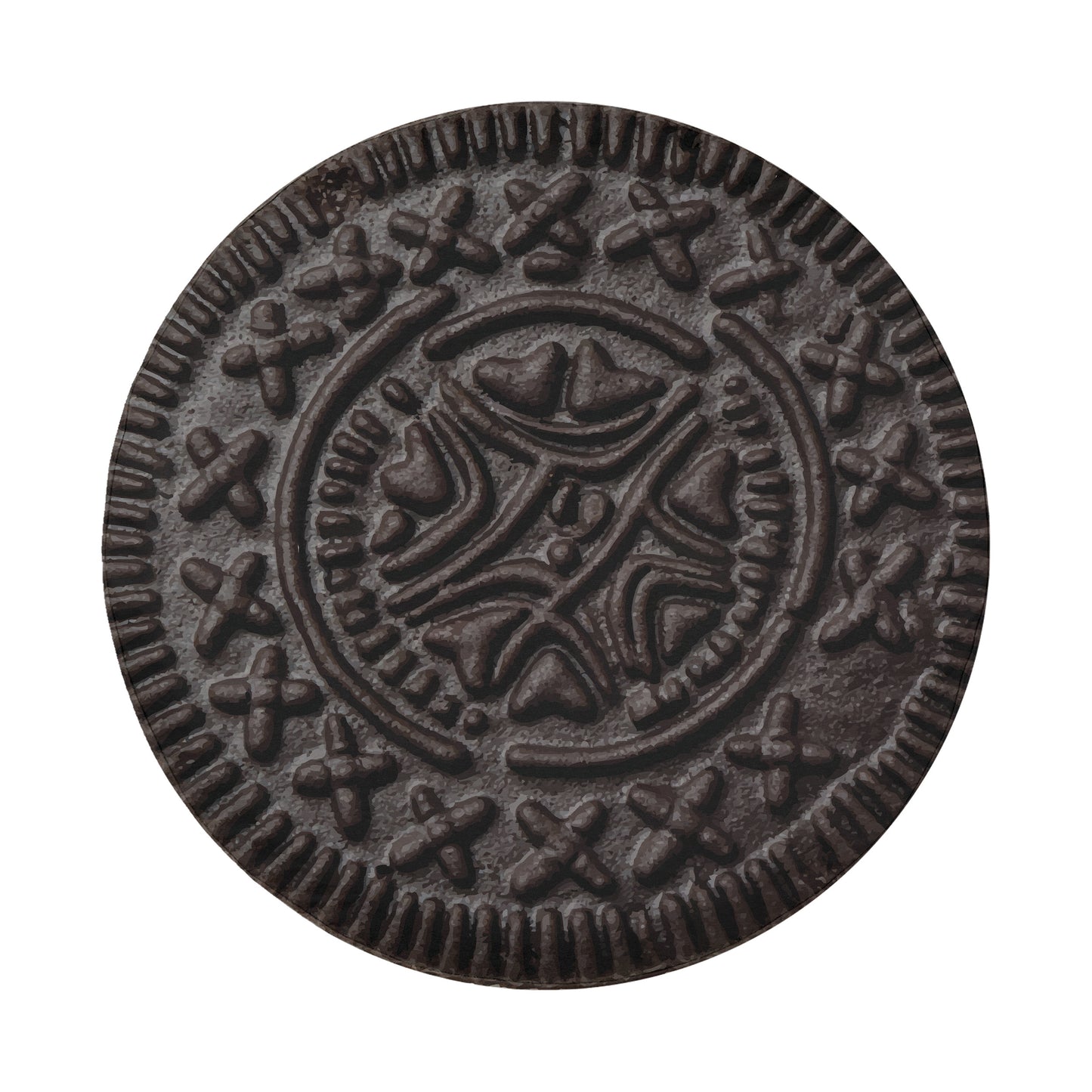 a close-up view of a dark brown, circular cookie or biscuit with a decorative pattern around the edge.