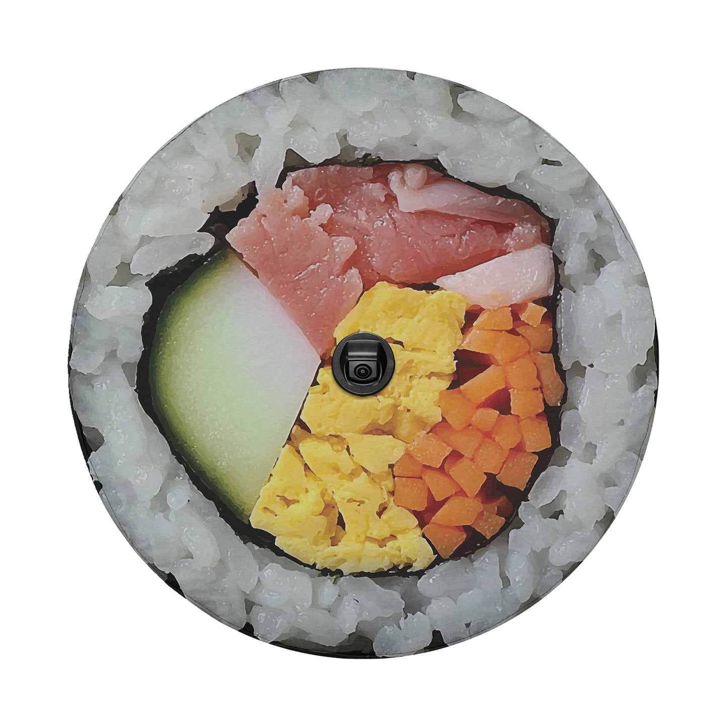 A sushi roll with various ingredients, including rice, meat, vegetables, and a black camera lens, arranged in a circular pattern.