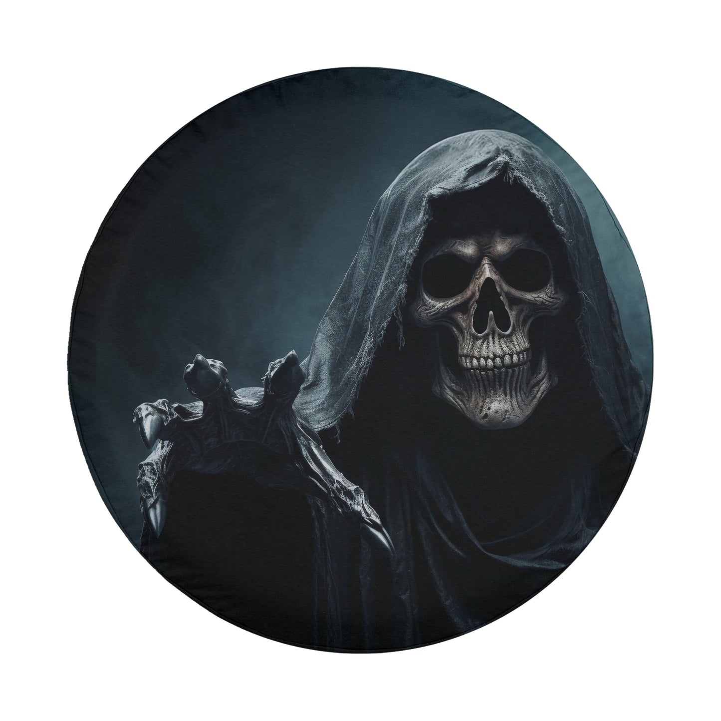 A dark, ominous skull wearing a hooded cloak and holding a claw-like object, creating a foreboding and ominous atmosphere.