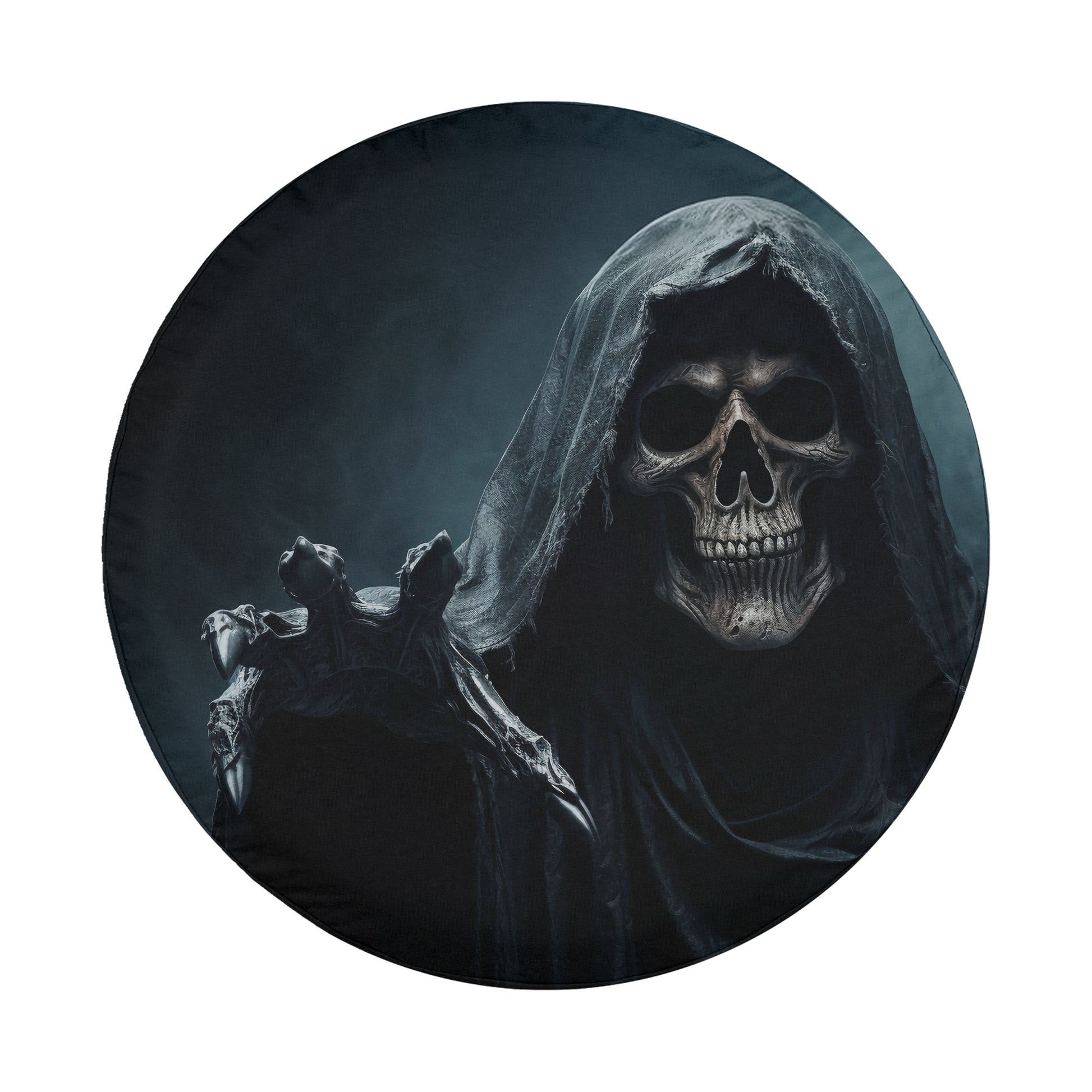 A dark, ominous skull wearing a hooded cloak and holding a claw-like object, creating a foreboding and ominous atmosphere.