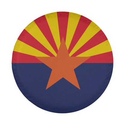 A circular design featuring a large orange star in the center, surrounded by a pattern of red and yellow rays.