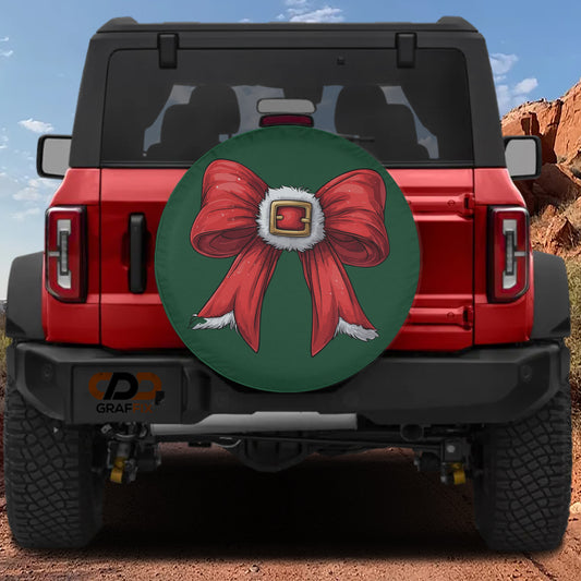 A red Jeep Wrangler with a large green and red bow on the rear window.