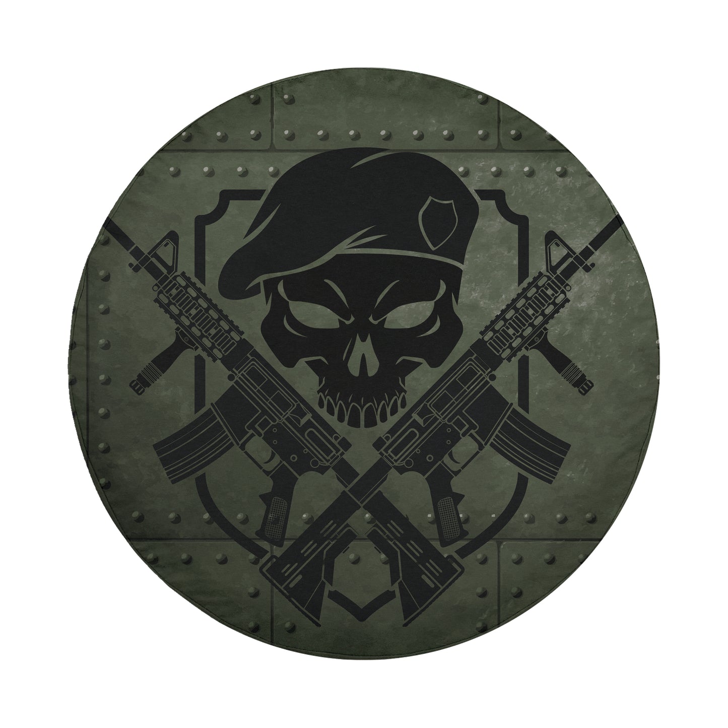 A skull wearing a beret and holding a rifle is depicted in the center of the image, surrounded by crossed rifles.