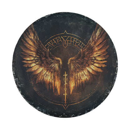 a circular design with a pair of golden wings spread out against a dark background.