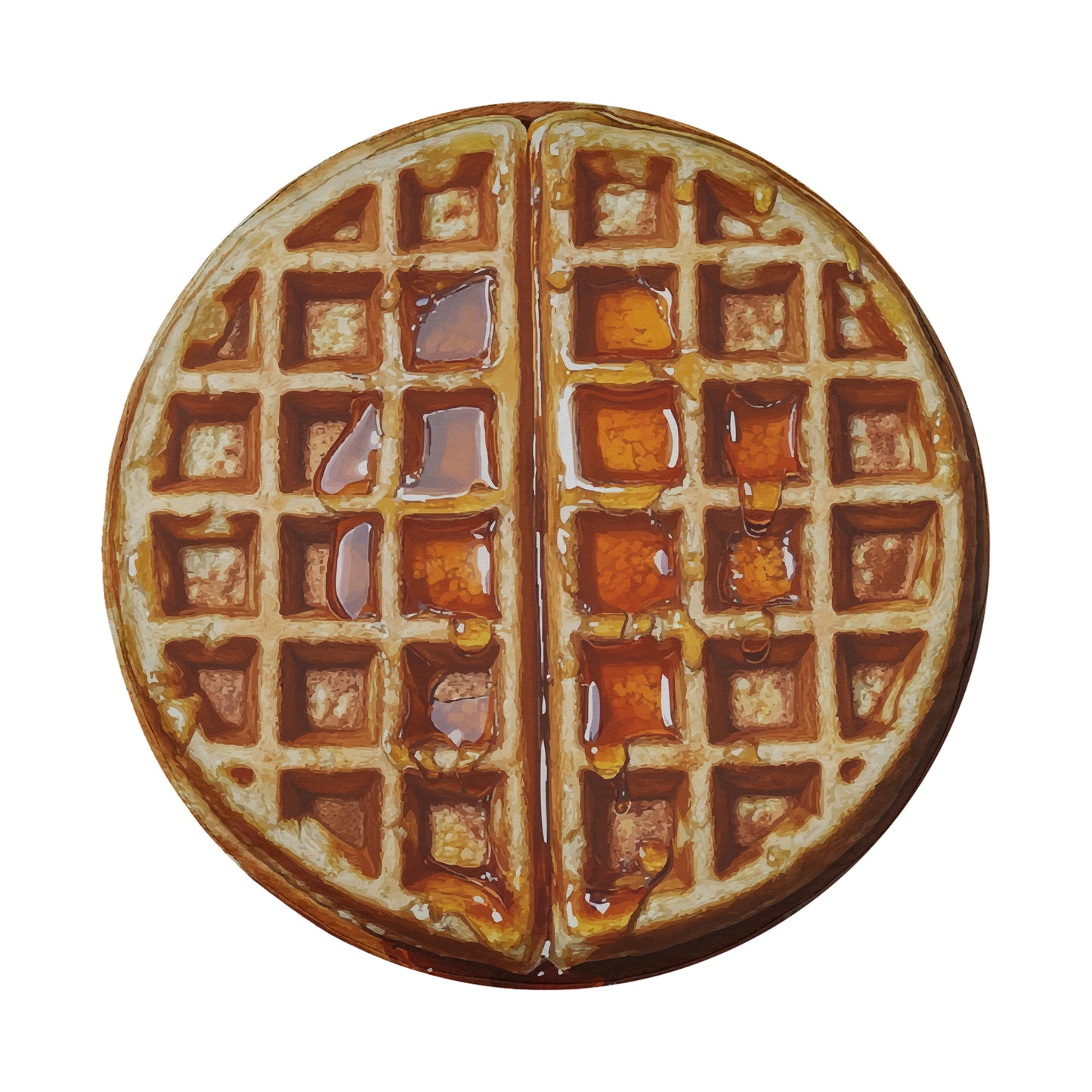 A waffle with syrup dripping from it, presented in a circular shape.