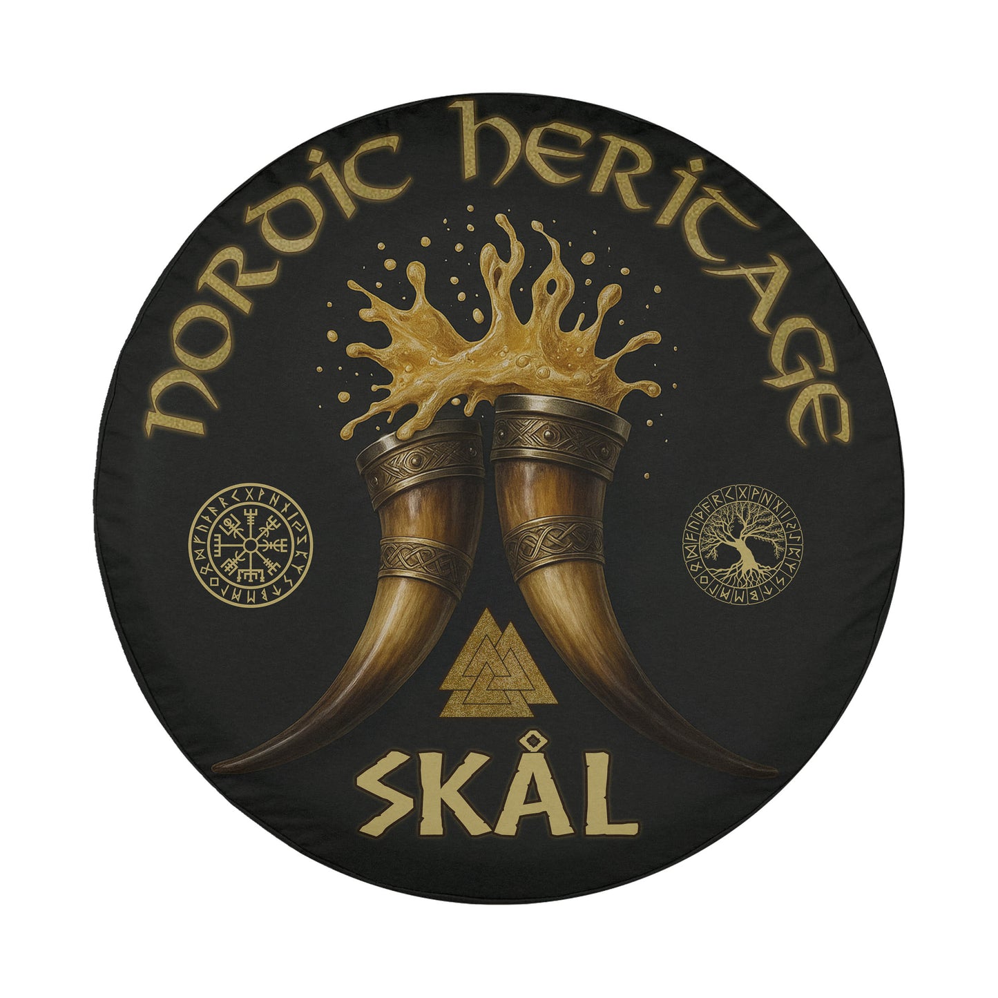 a circular design with a black background, two golden horns, and various symbols and text.