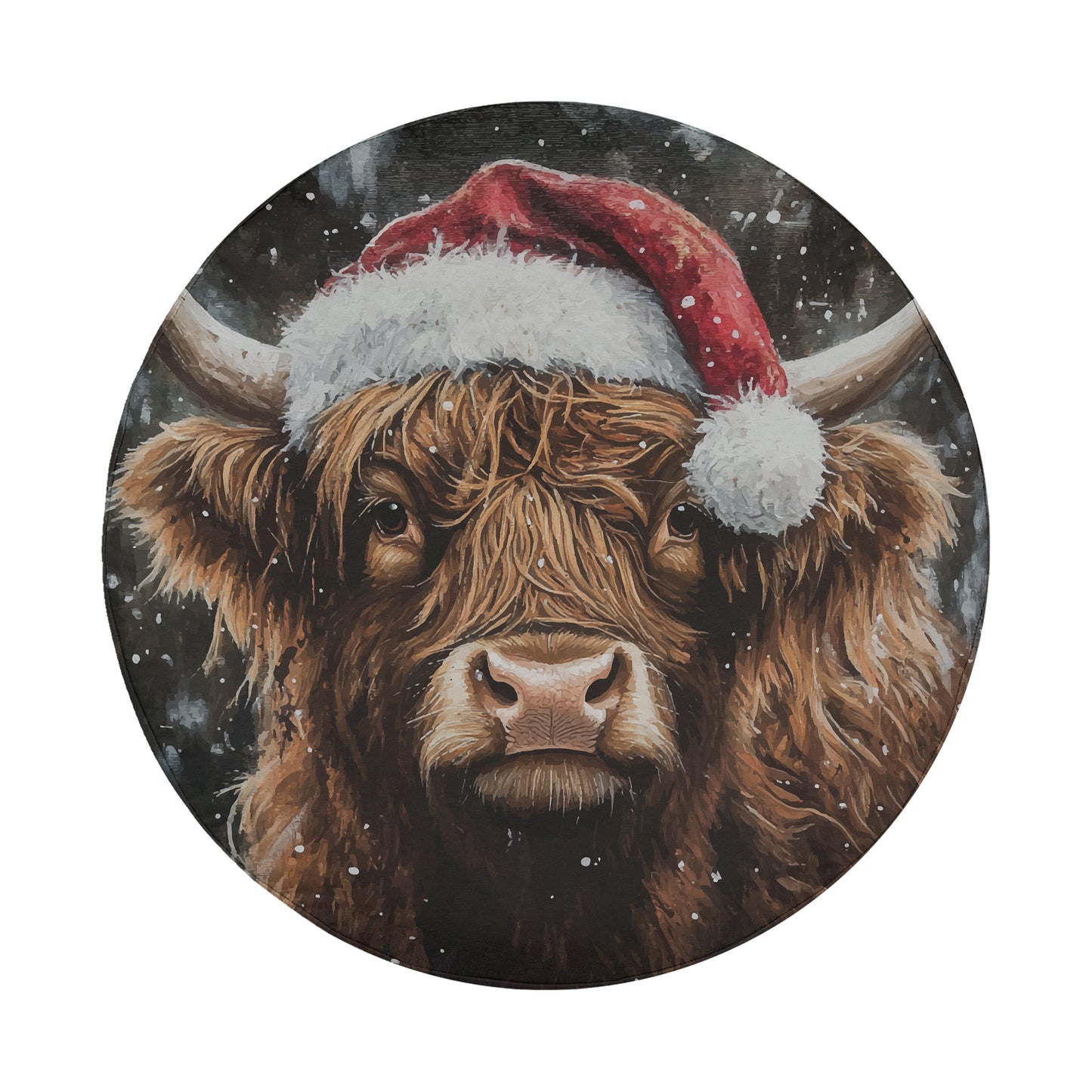 A close-up portrait of a Highland cow wearing a Santa hat, with snow falling in the background.
