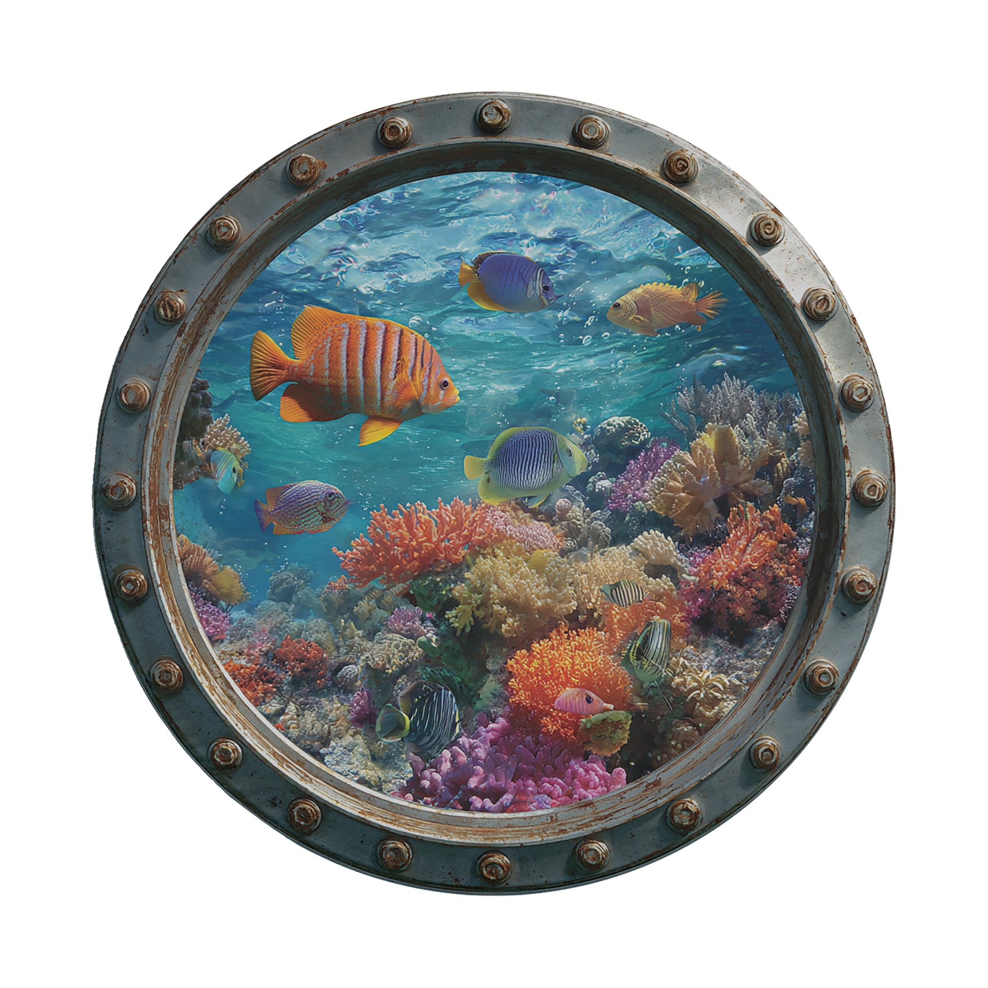 A round window with a view of a vibrant underwater coral reef teeming with colorful tropical fish swimming amidst the coral.