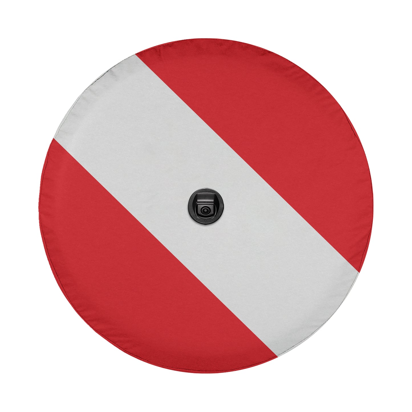 a red and white wheel cover with a black camera lens in the center.
