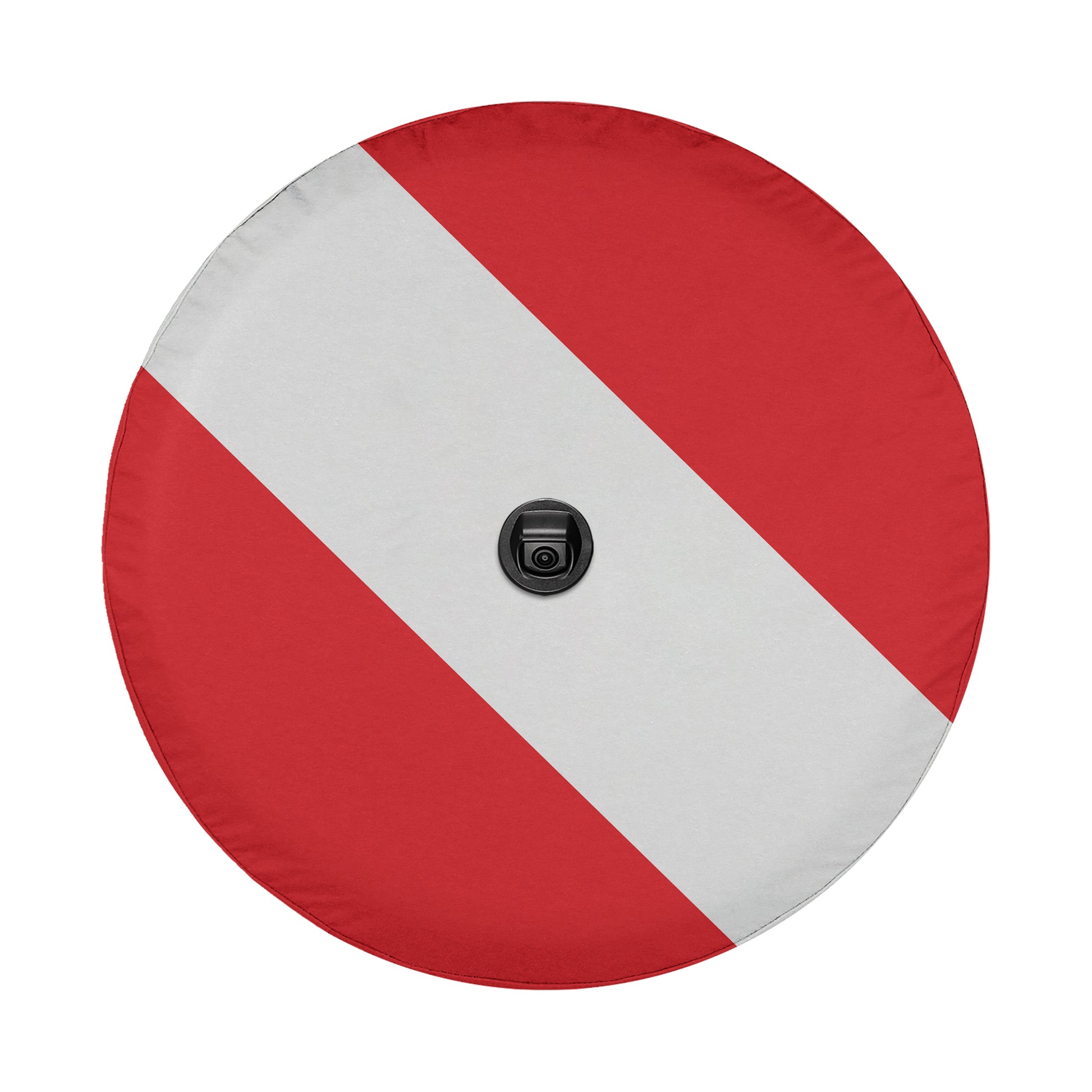 a red and white wheel cover with a black camera lens in the center.