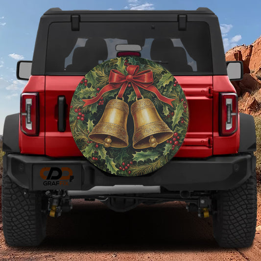 the back of a red Jeep Wrangler with a large Christmas-themed bell decal on the rear window.