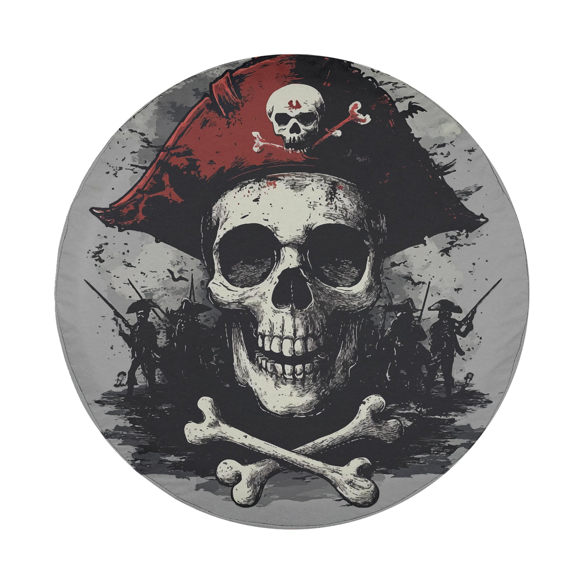 A skull wearing a pirate hat with a skull and crossbones symbol, surrounded by crossed bones, and a group of people in the background.