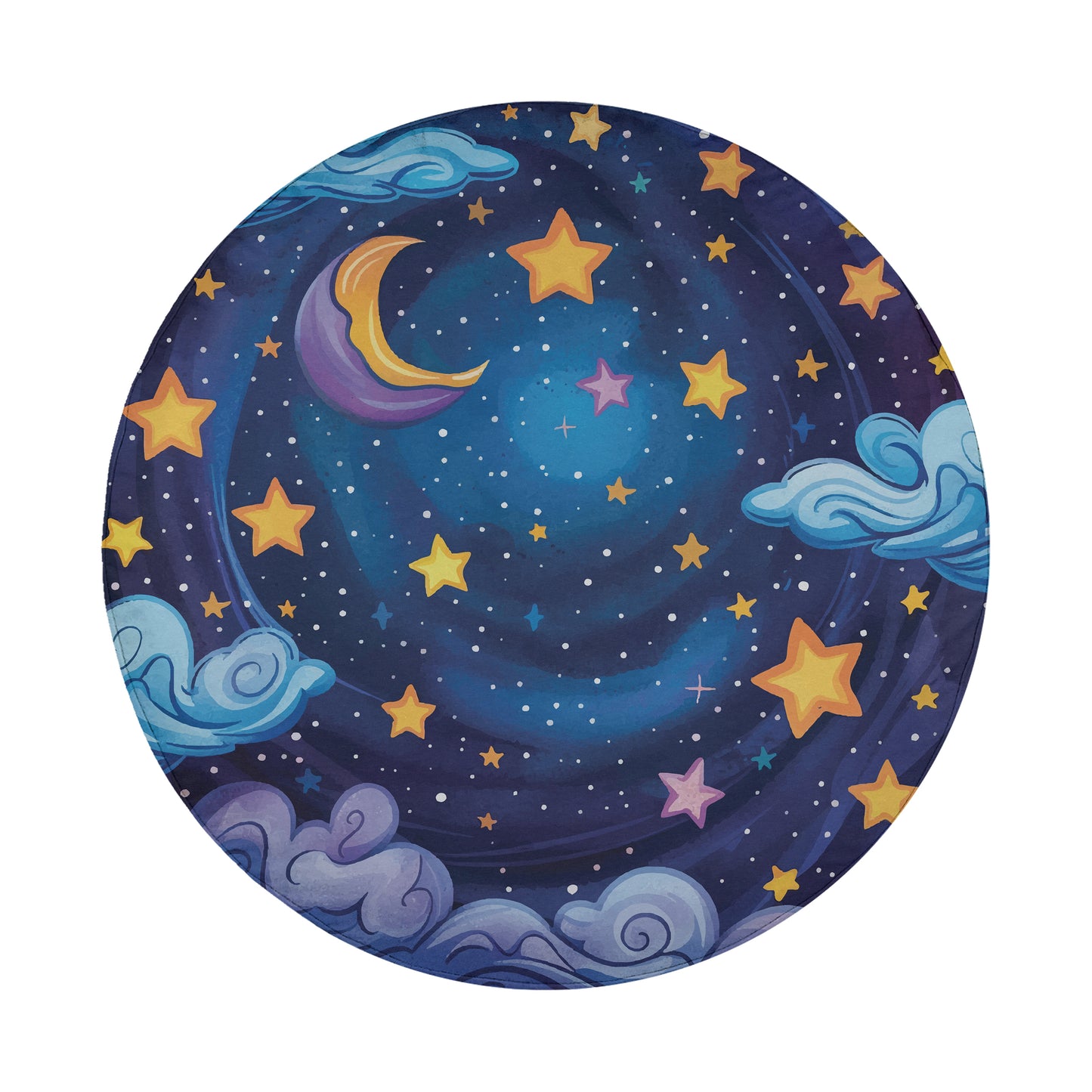 A circular illustration depicting a night sky filled with stars, a crescent moon, and fluffy clouds.