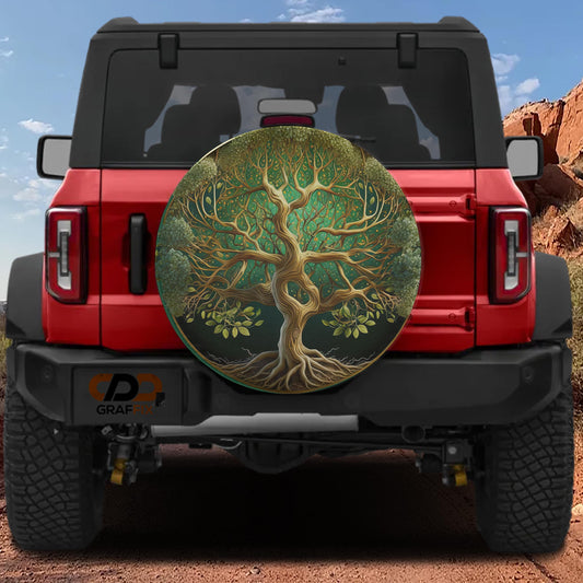 the rear view of a red Jeep Wrangler with a large tree-like design on the rear window.