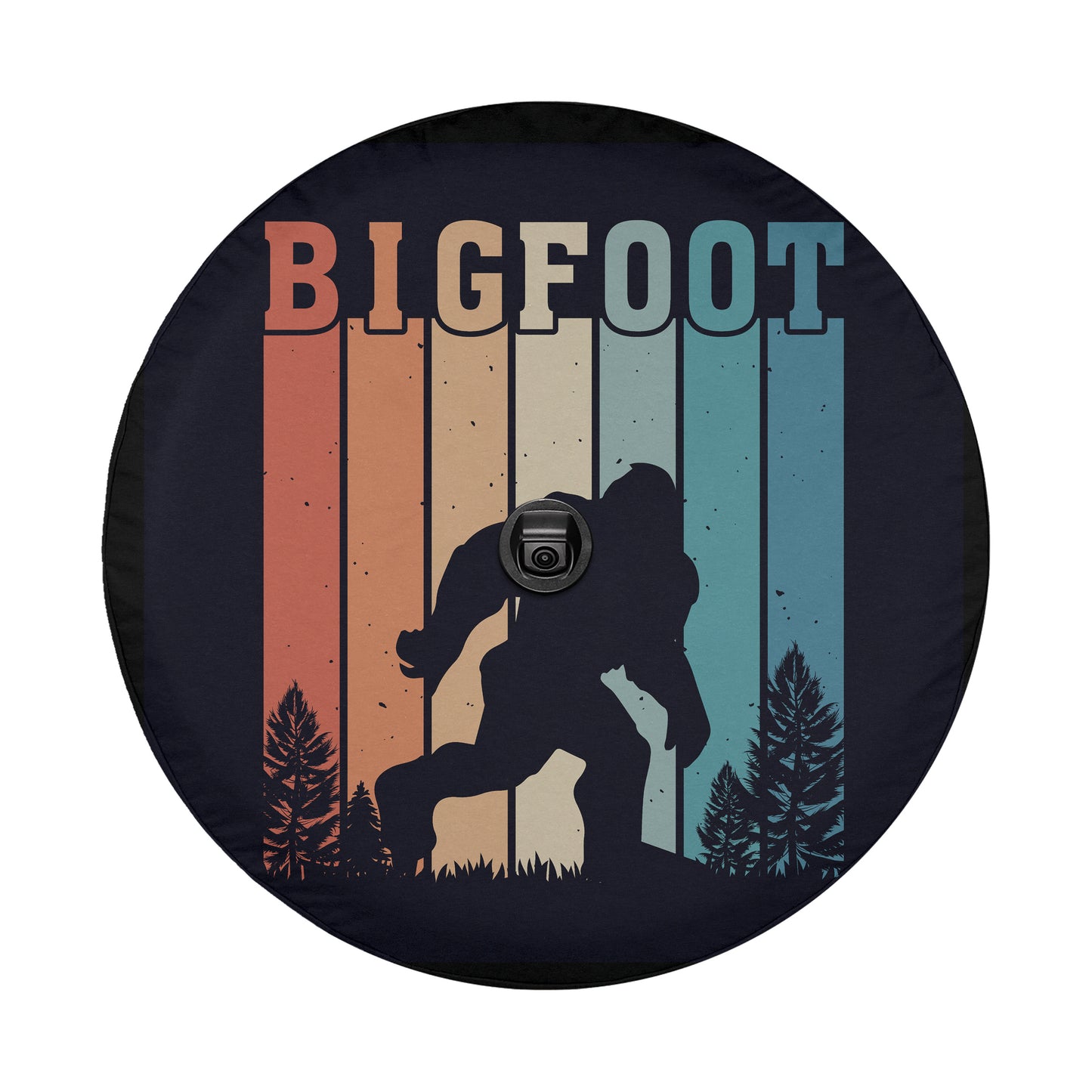 A silhouette of a Sasquatch, a mythical creature, is depicted against a background of colorful vertical stripes.