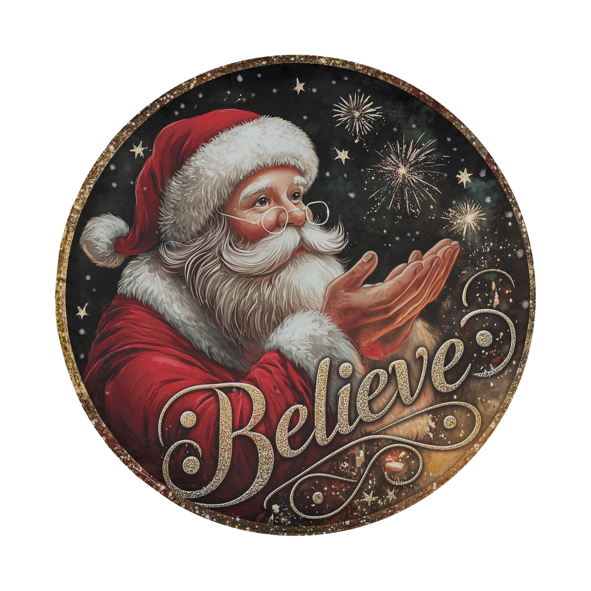 Santa Claus with a big smile and the word "Believe" written below him.
