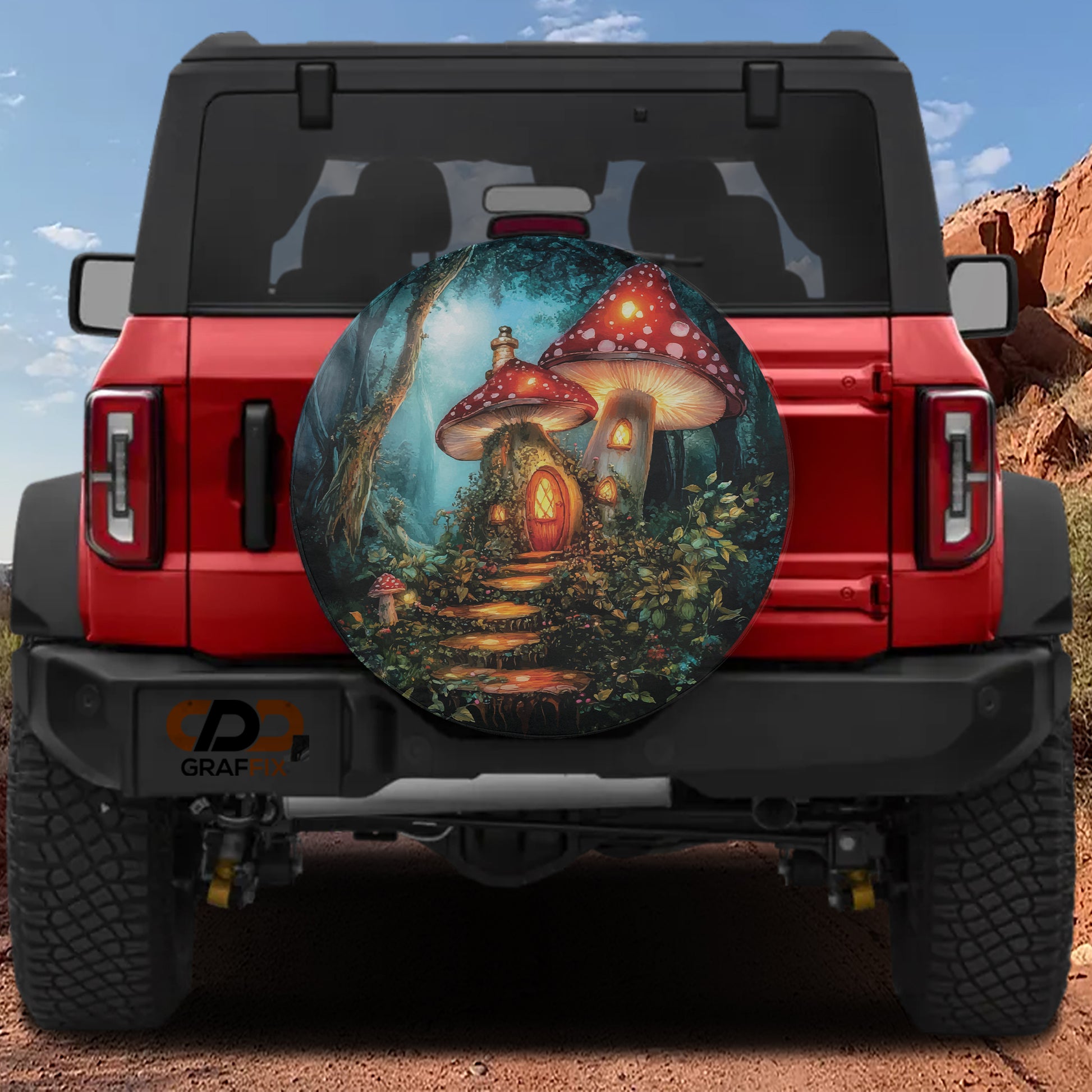 a red Jeep Wrangler with a large mushroom-shaped spare tire attached to it, depicting a whimsical forest scene.