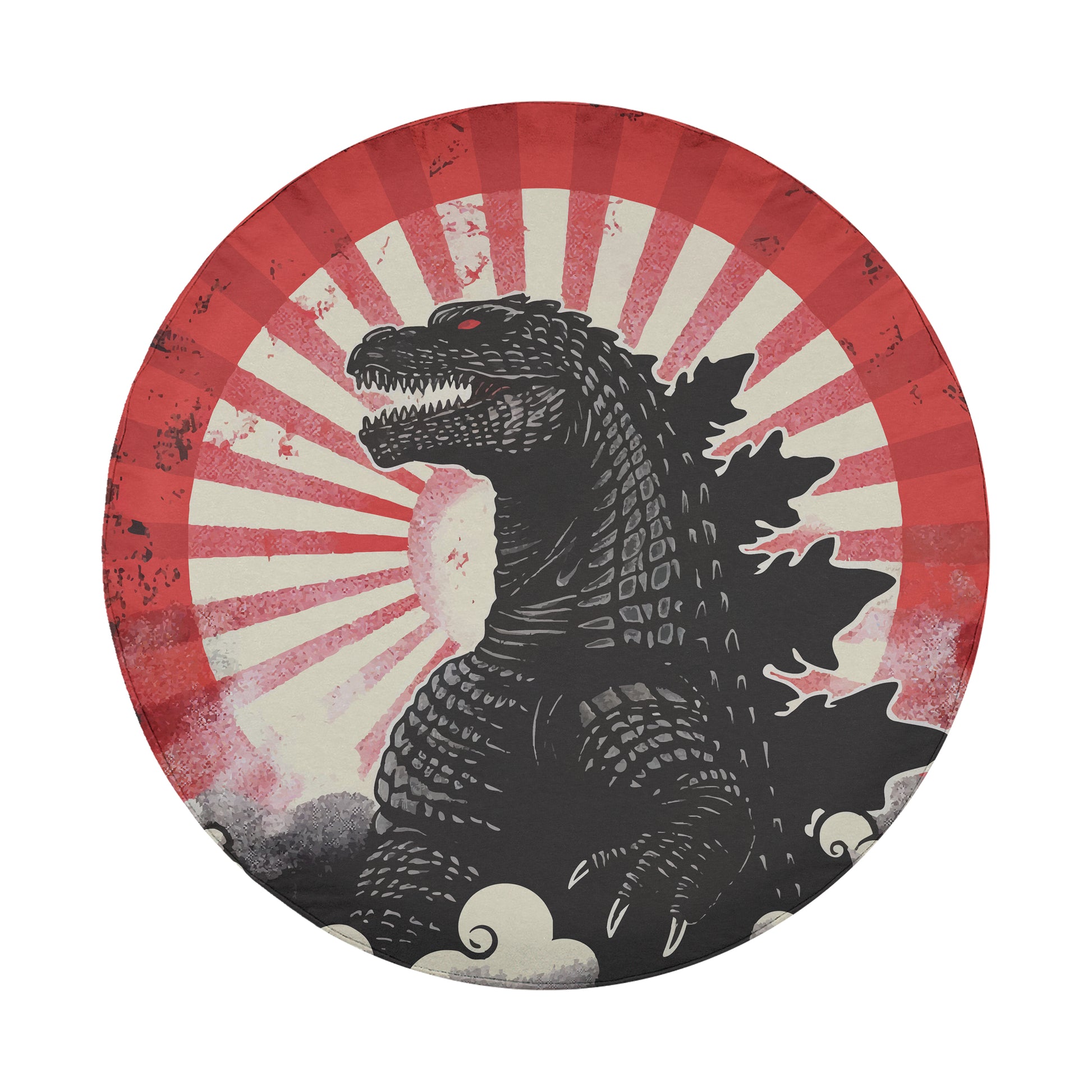 A stylized illustration of a large, menacing-looking creature resembling a monster or dragon, with a red and white circular background featuring a sunburst pattern.