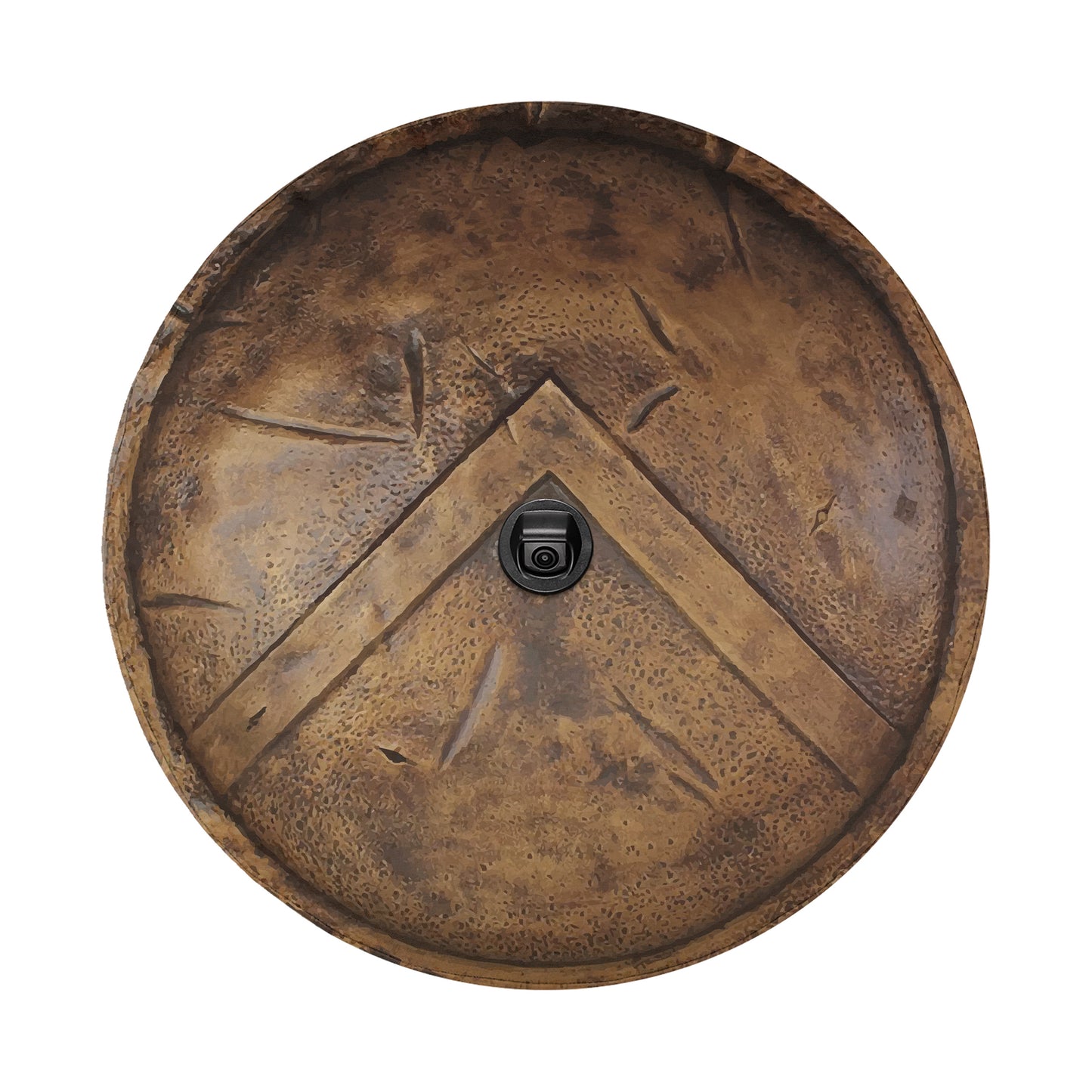 a close-up view of a bronze-colored shield with a black camera lens embedded in the center.