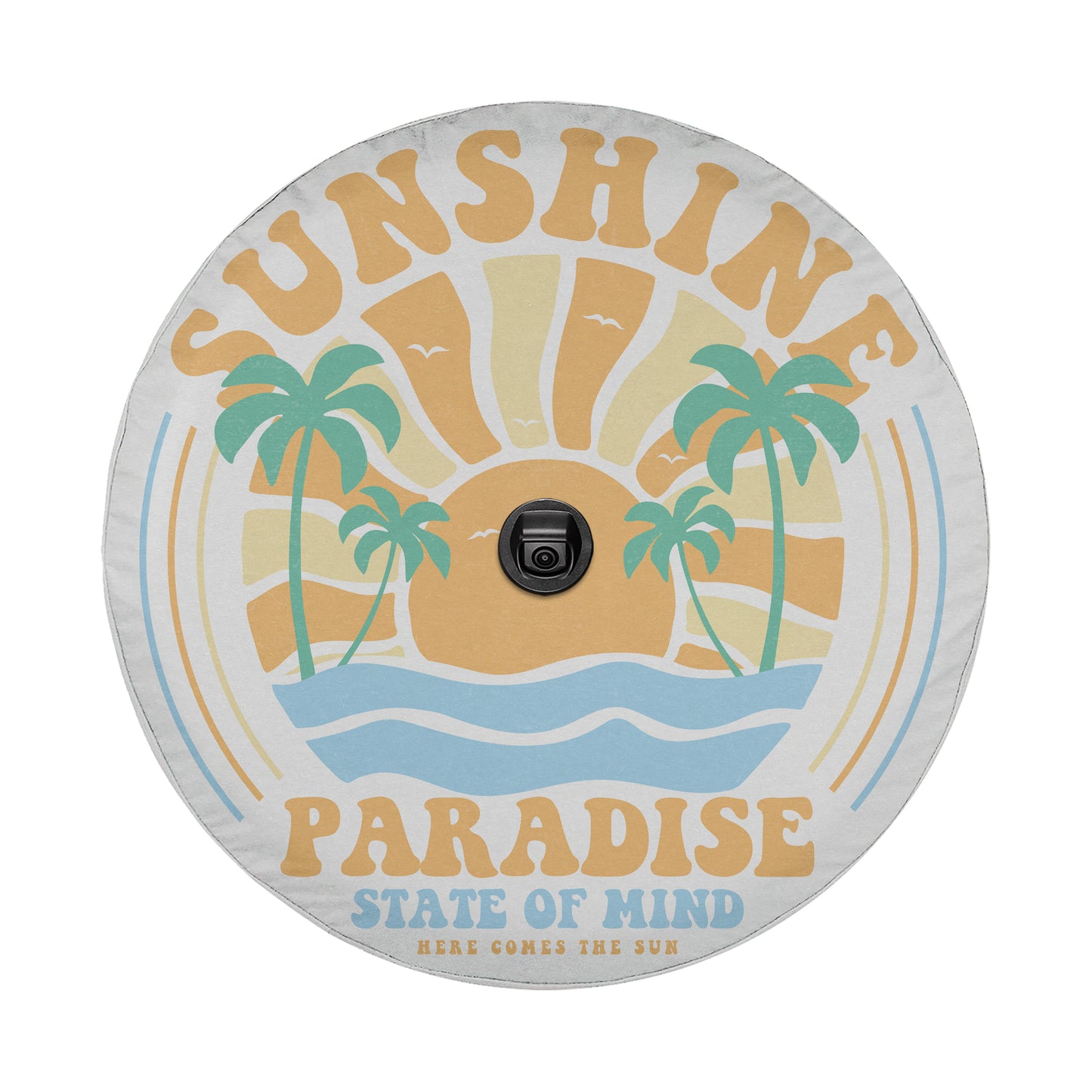a circular design with a sun and palm trees, along with the text "SUNSHINE PARADISE STATE OF MIND" and "HERE COMES THE SUN".