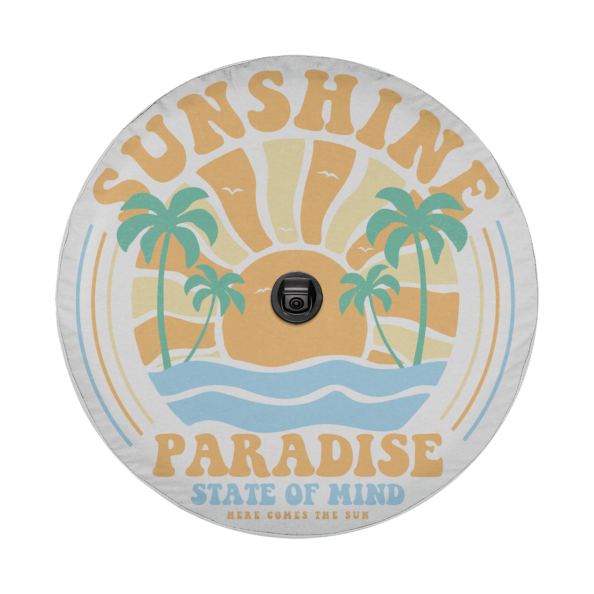 a circular design with a sun and palm trees, along with the text "SUNSHINE PARADISE STATE OF MIND" and "HERE COMES THE SUN".