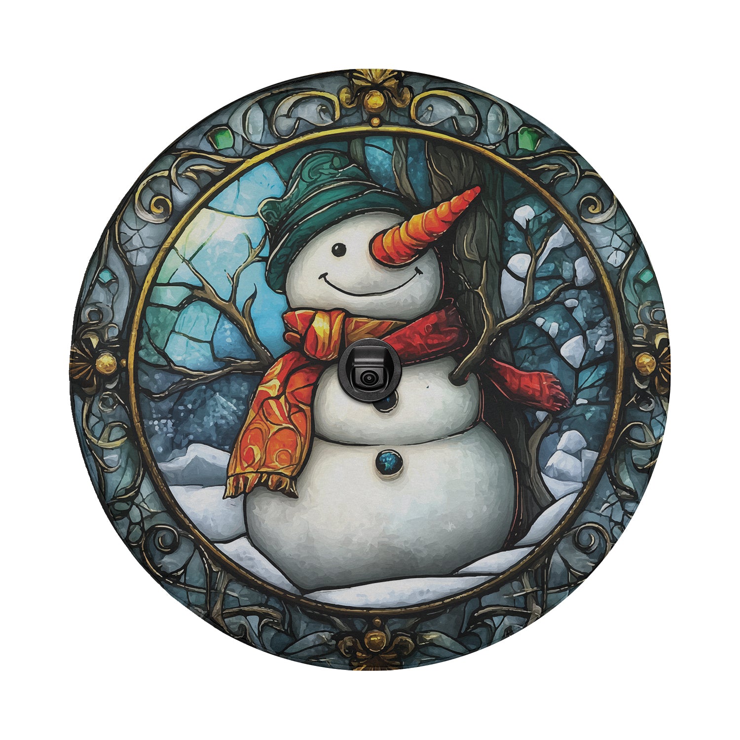 a picture of a snowman in a stained glass frame