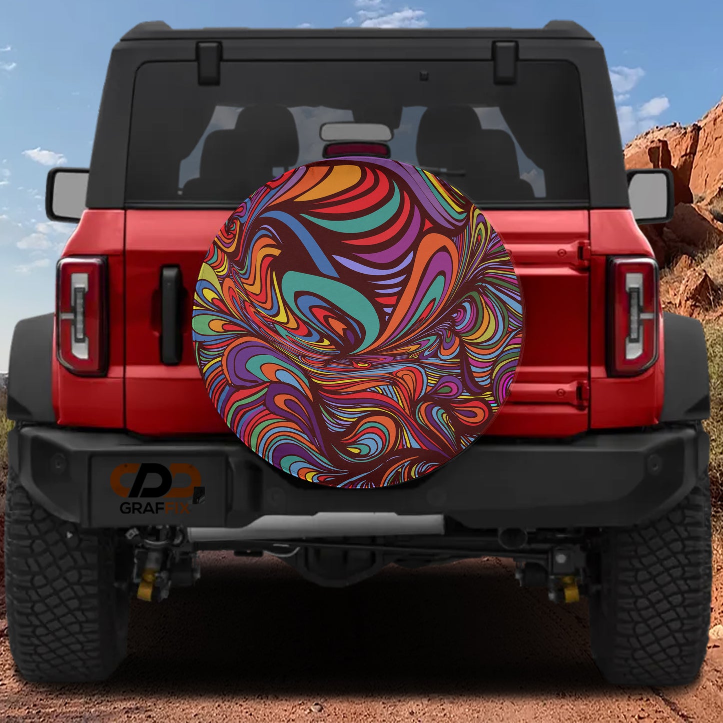 a red Jeep Wrangler with a colorful, abstract pattern on the rear window.